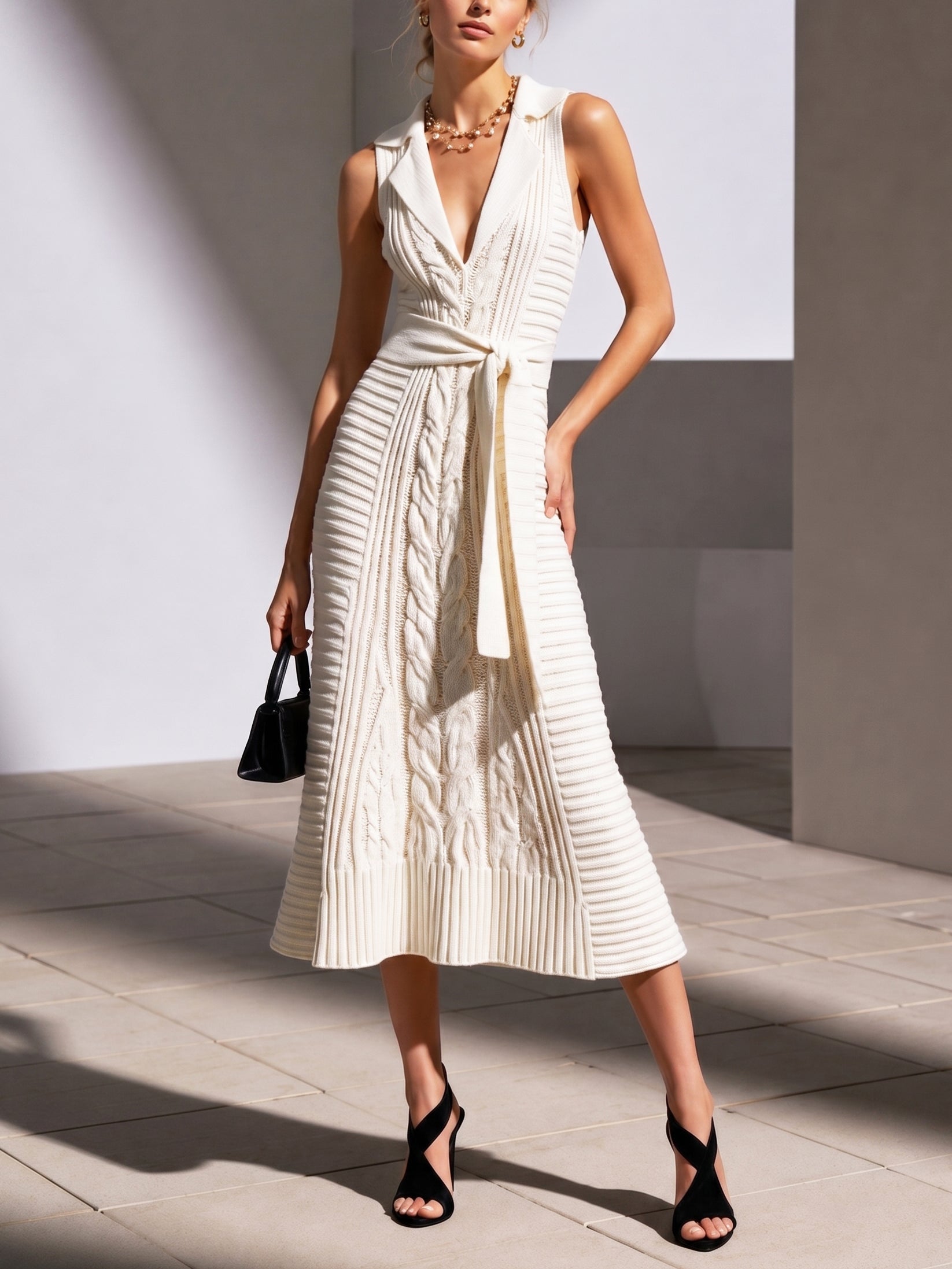 Liserie "Cloud Mist" Ivory White | Textured Cable Knit | French-Inspired Light Luxury Knit Dress