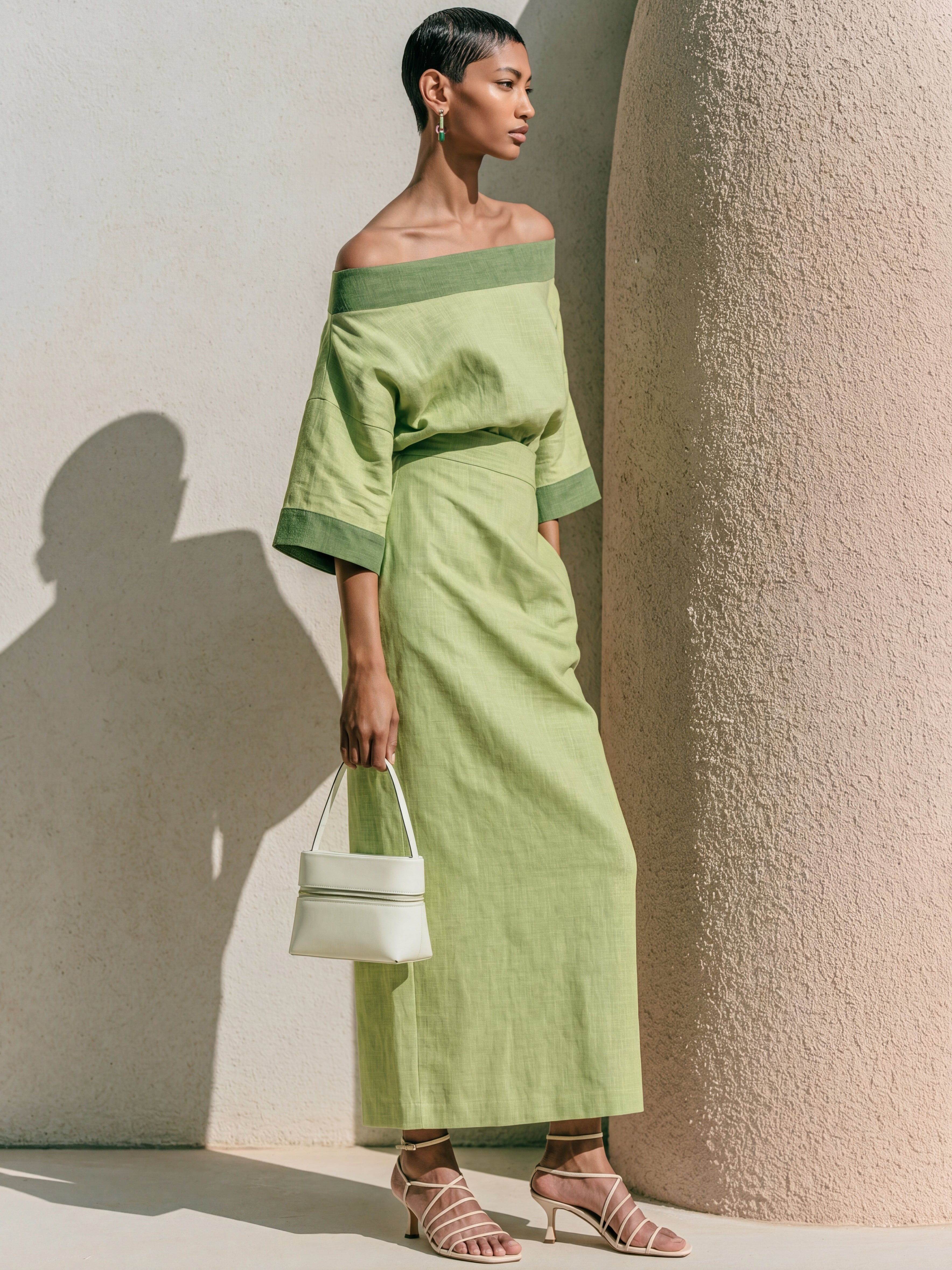 Liserie Linen Sage Green Two-Piece Co-Ord Off-Shoulder Top & Midi Skirt