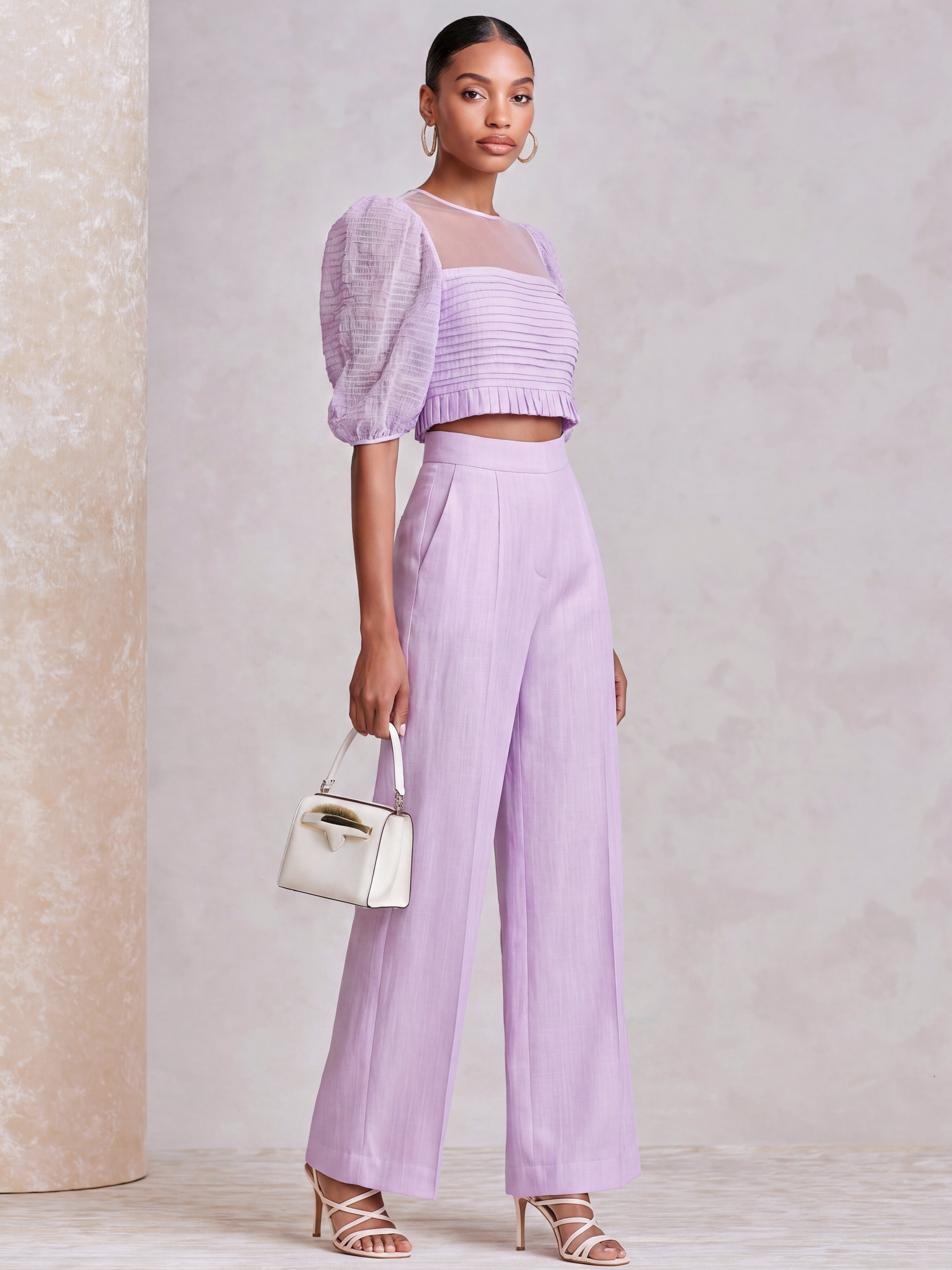 Liserie Heather Purple Two-Piece Set : Puff-Sleeve Top & Linen Wide Leg Pants