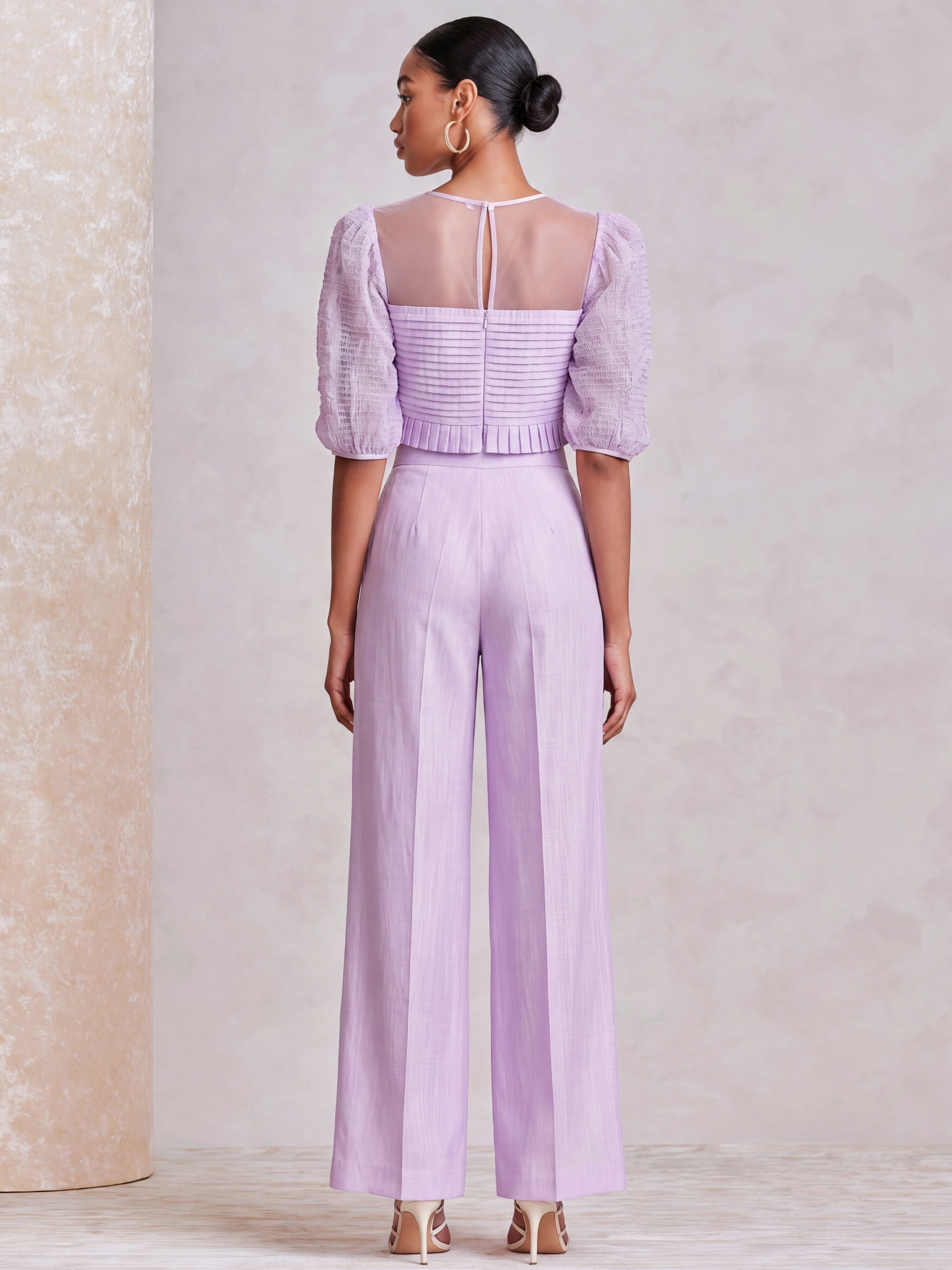 Liserie Heather Purple Two-Piece Set : Puff-Sleeve Top & Linen Wide Leg Pants
