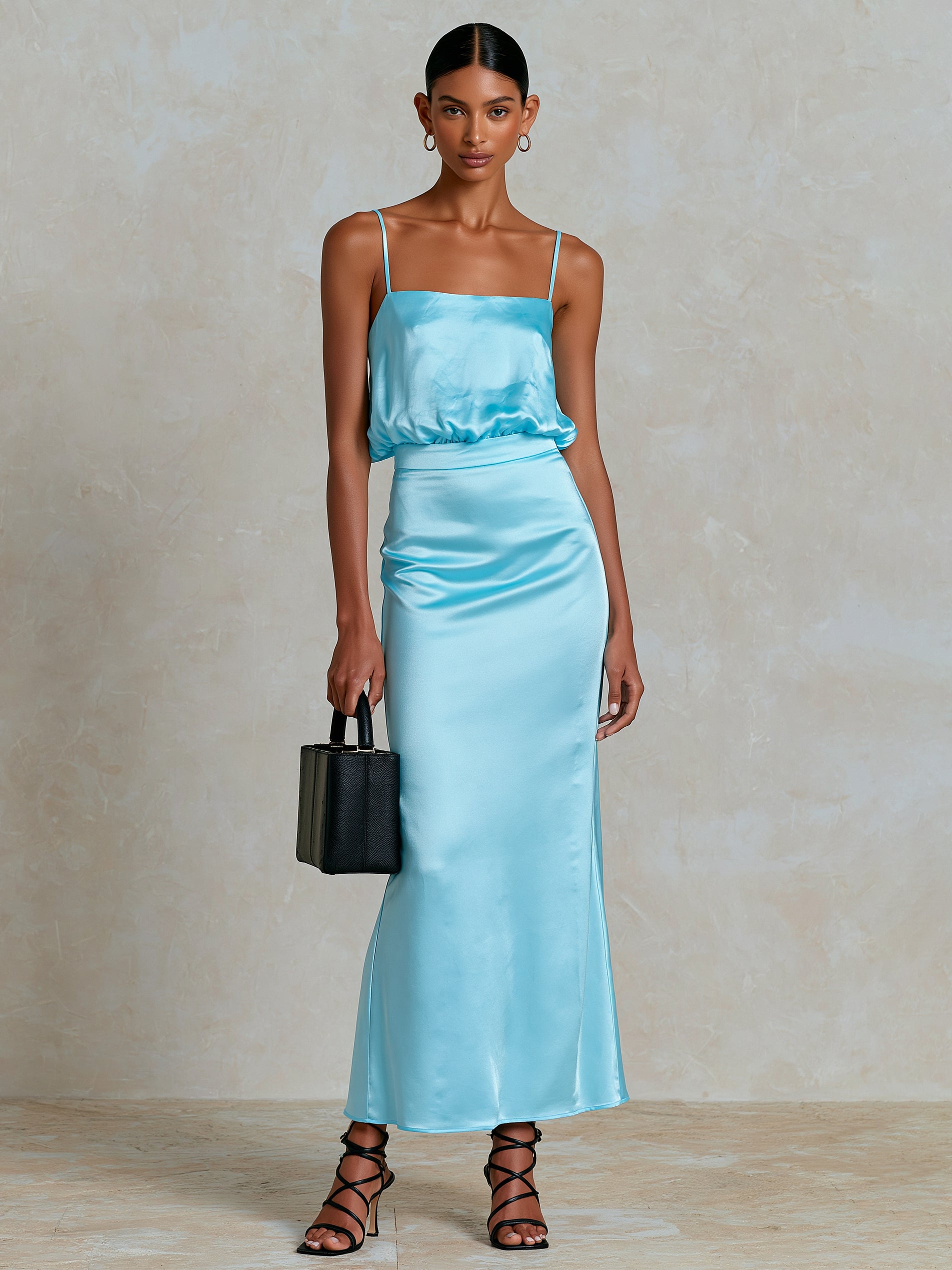 Liserie Light Blue Satin Two-Piece Set With Top & High-Waisted Slip Skirt