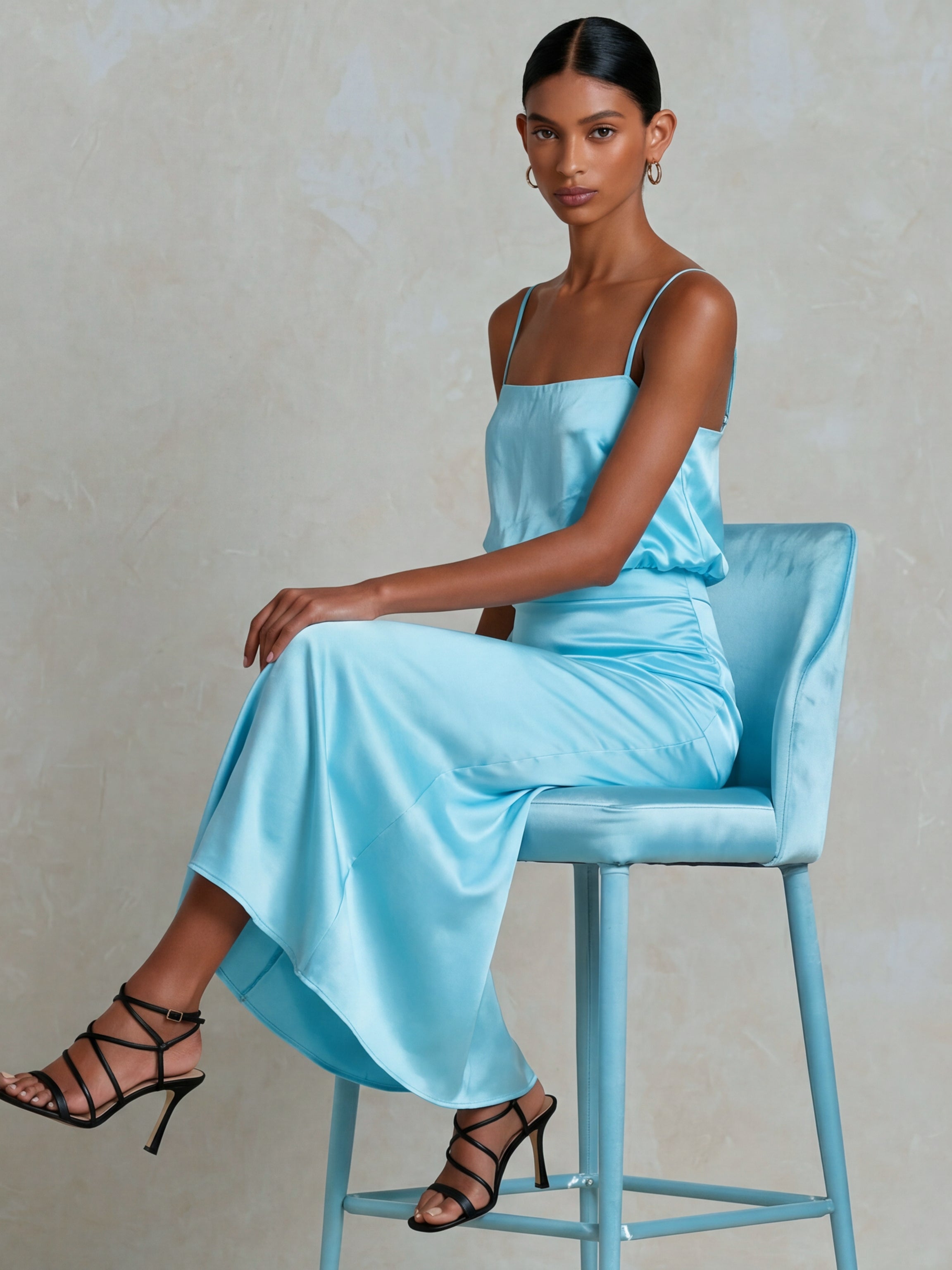 Liserie Light Blue Satin Two-Piece Set With Top & High-Waisted Slip Skirt