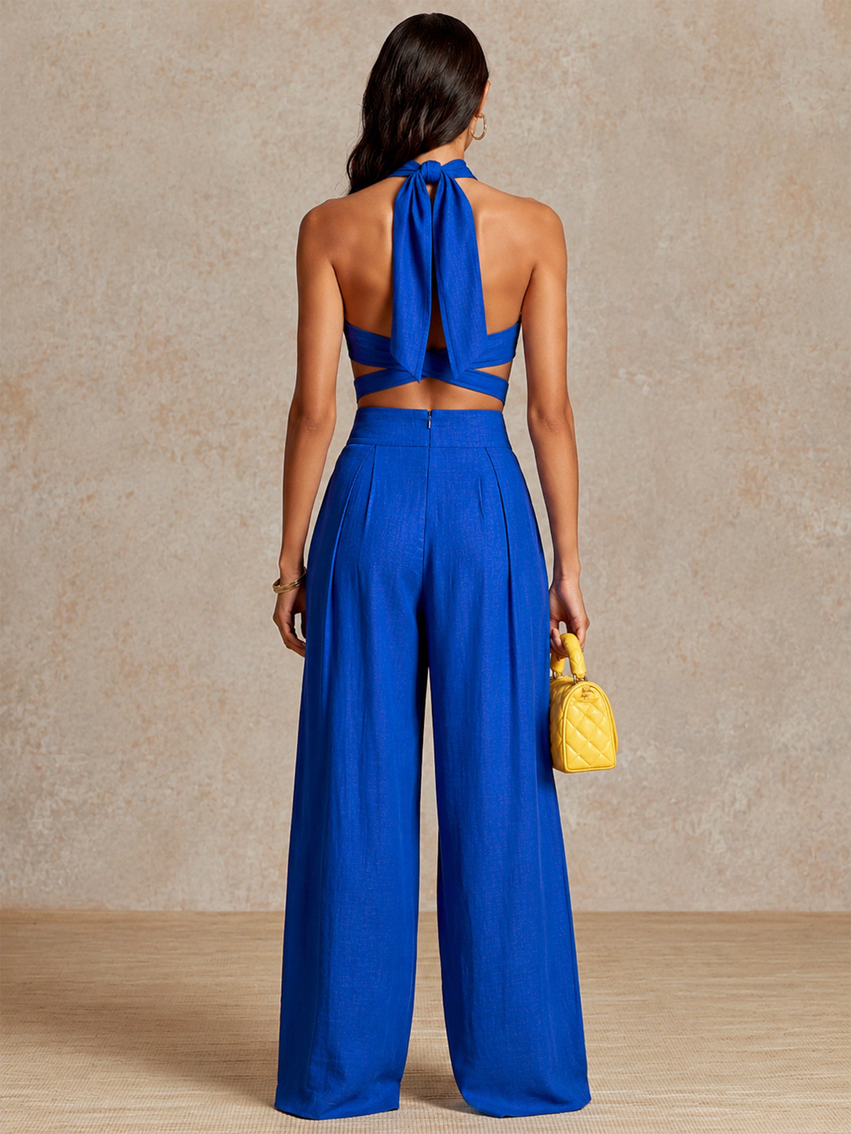 Liserie Cobalt Blue Linen Halter Crop Top & High-Waisted Wide Leg Pants Set