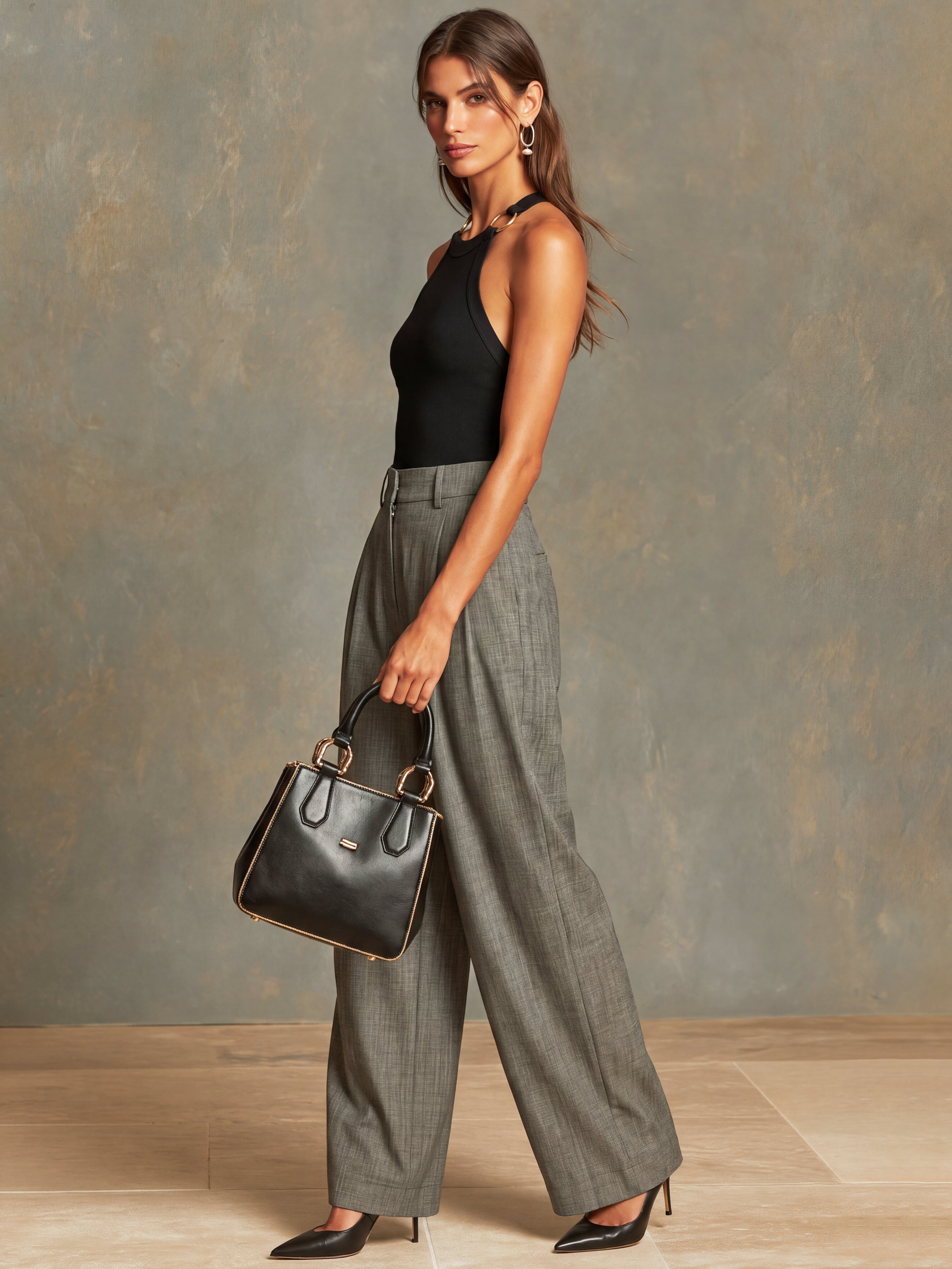 Liserie Black Ribbed Halter Top & High-Waisted Gray Wide Leg Trousers Set