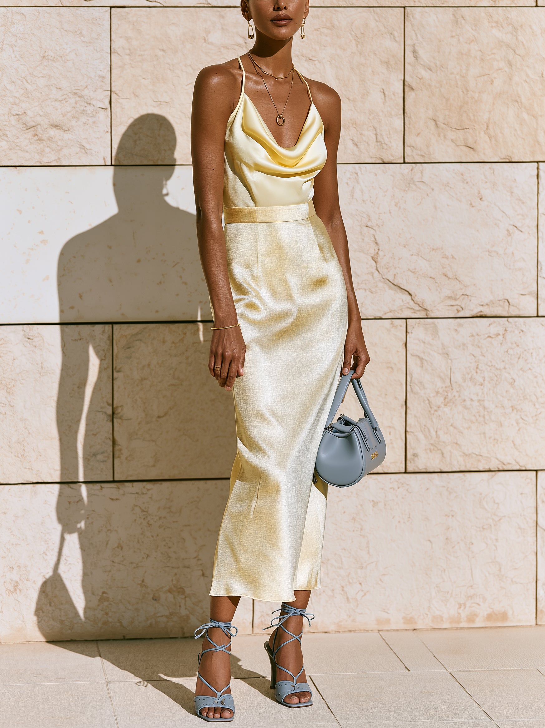 Liserie Soleil Butter-Yellow Satin Strappy Skirt Set