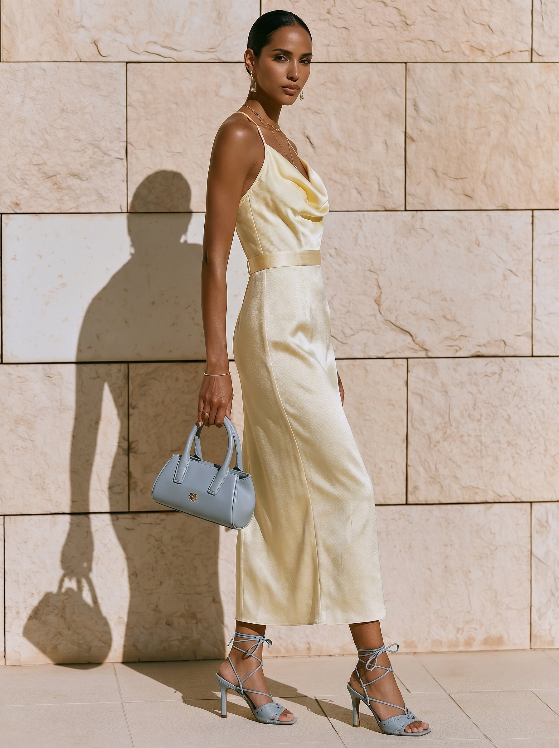 Liserie Soleil Butter-Yellow Satin Strappy Skirt Set
