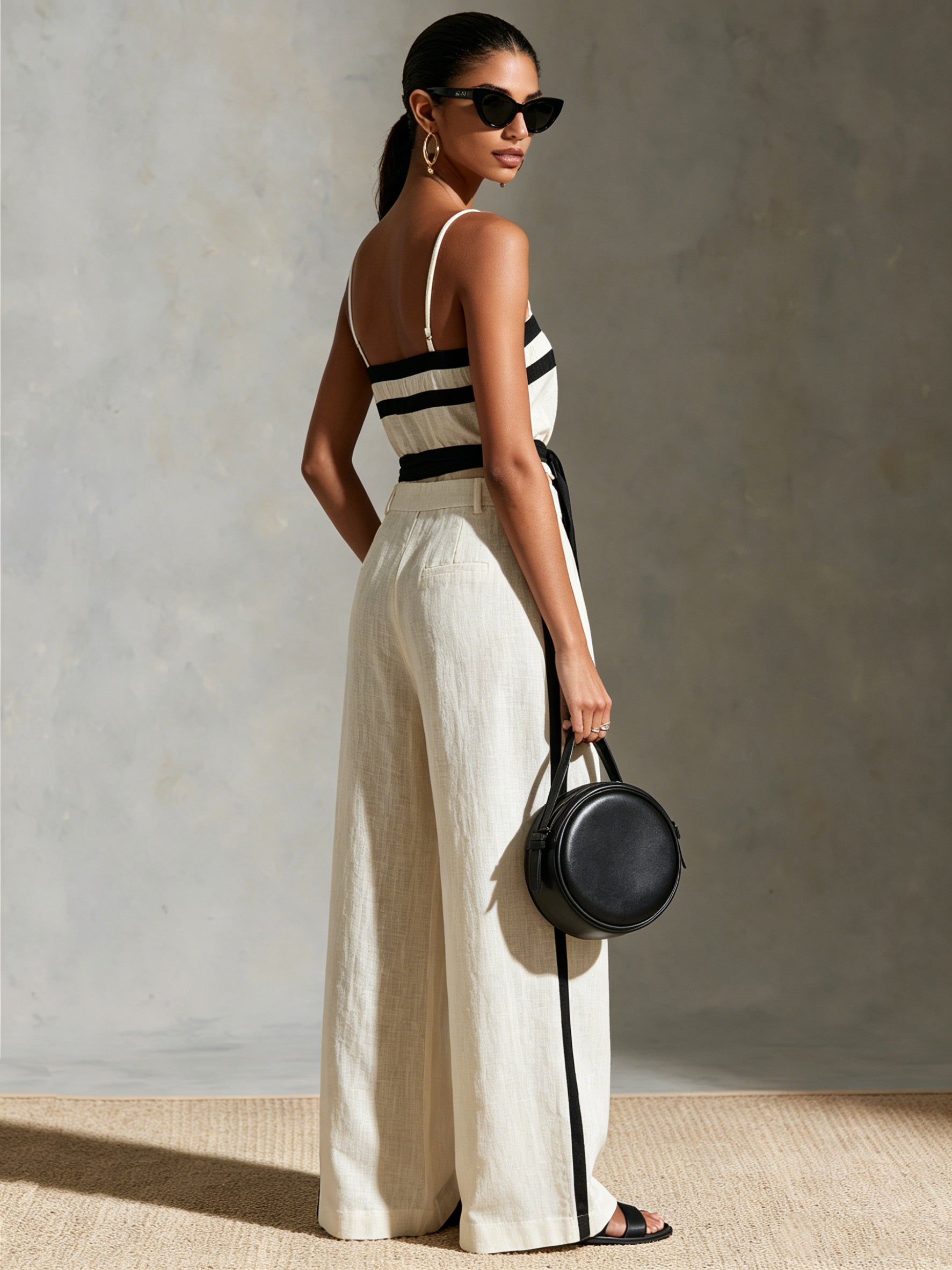 Liserie White Lyocell Contrast Trim Top & Wide Leg Pants Set