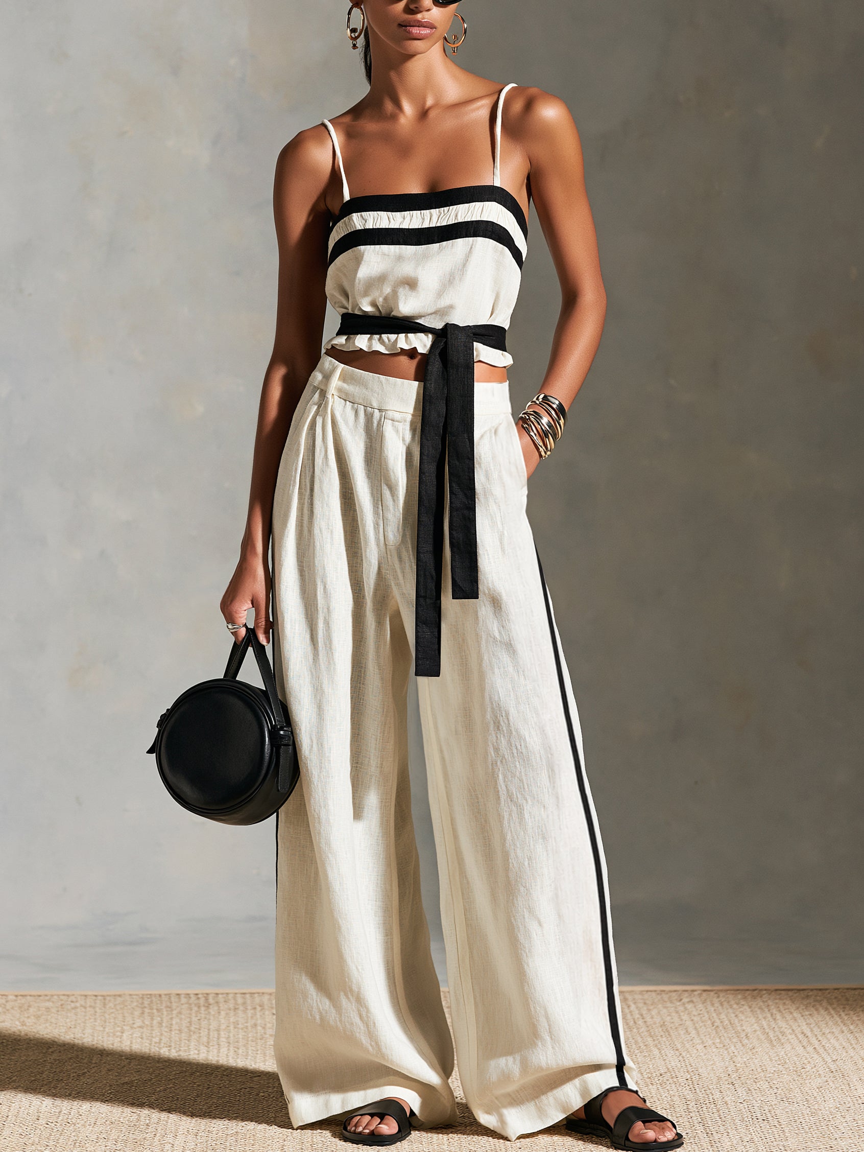 Liserie White Lyocell Contrast Trim Top & Wide Leg Pants Set