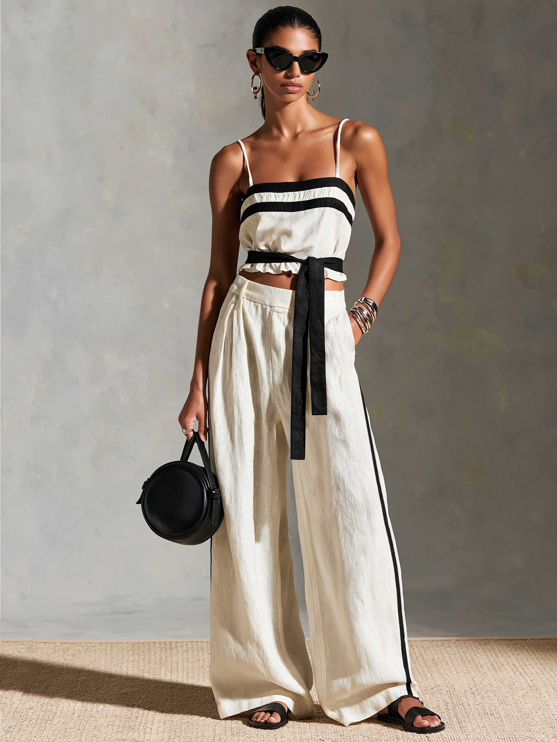 Liserie White Lyocell Contrast Trim Top & Wide Leg Pants Set