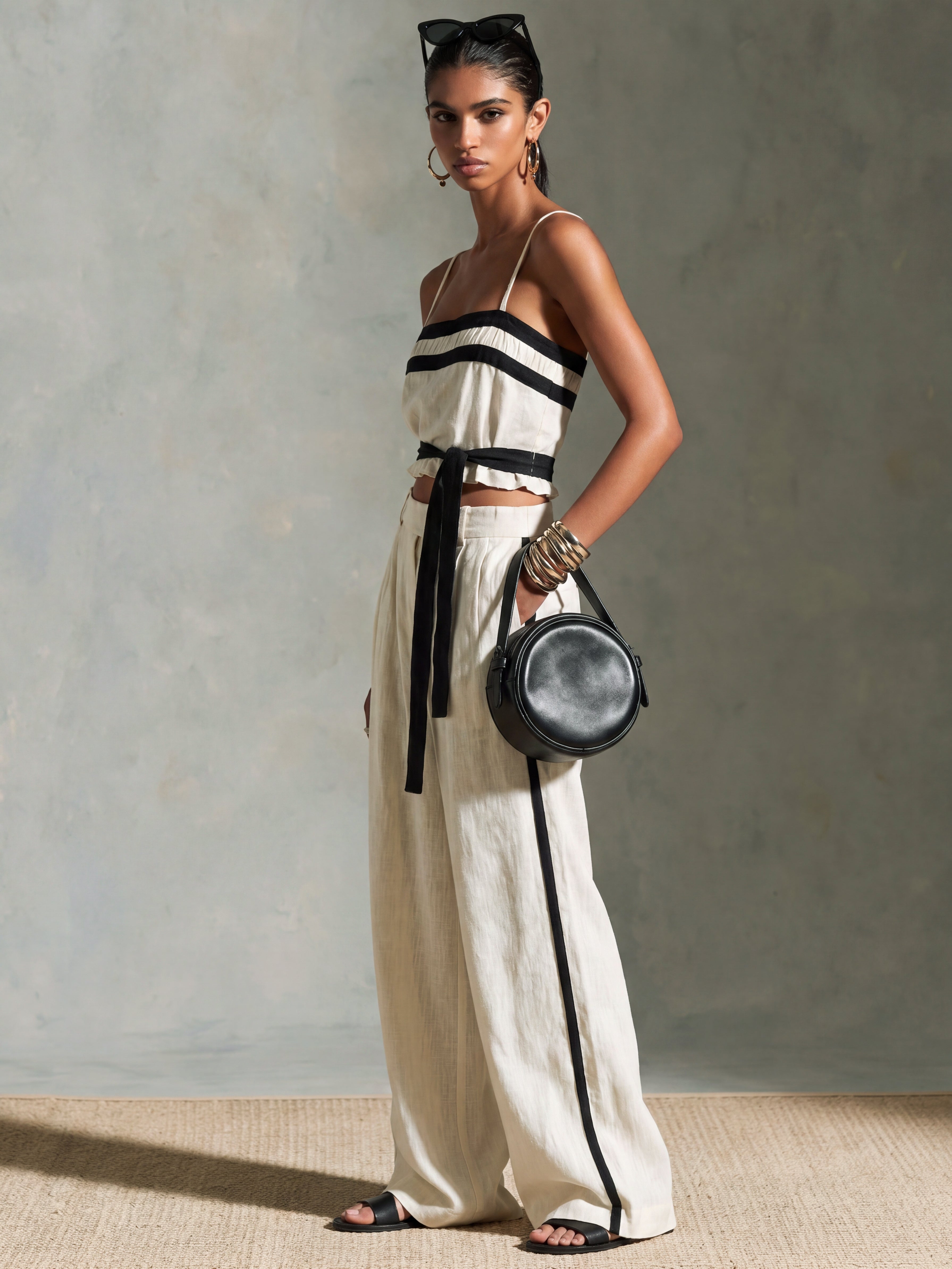 Liserie White Lyocell Contrast Trim Top & Wide Leg Pants Set