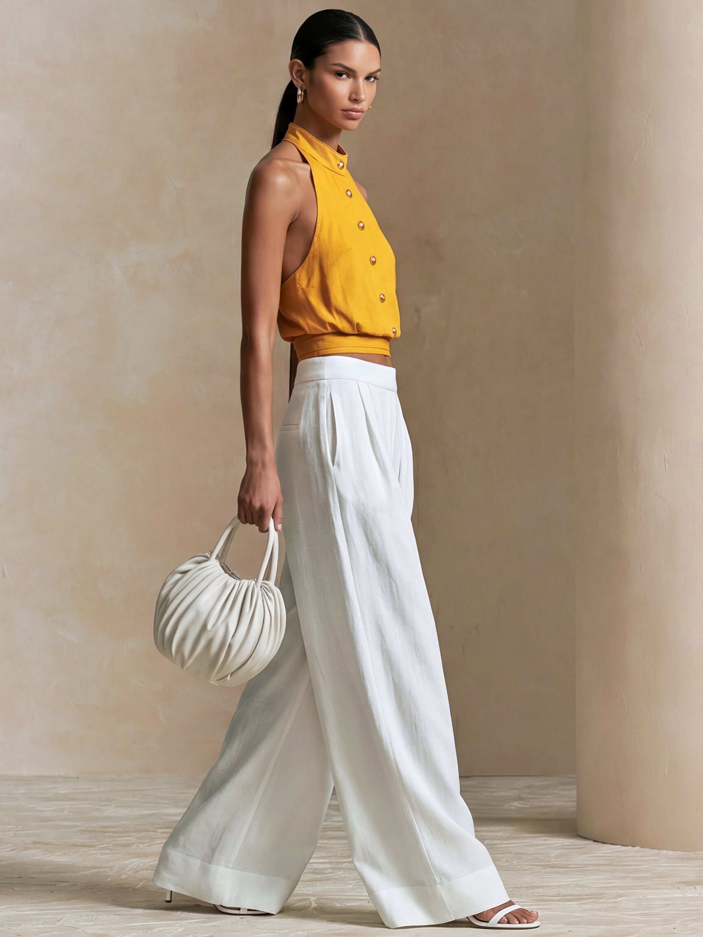 Liserie Linen Marigold High-neck Top & Ivory Wide Leg Pants Set