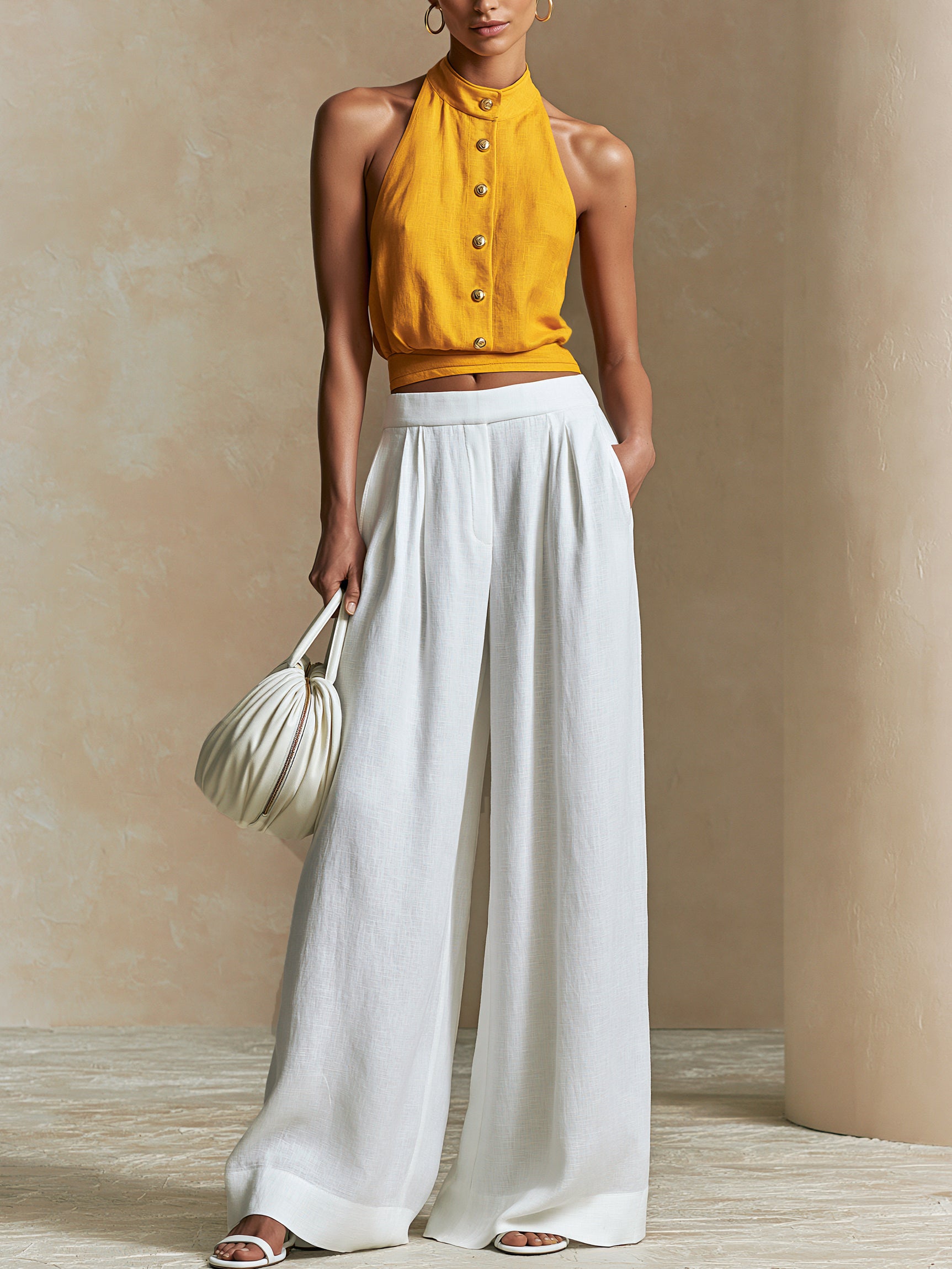 Liserie Linen Marigold High-neck Top & Ivory Wide Leg Pants Set