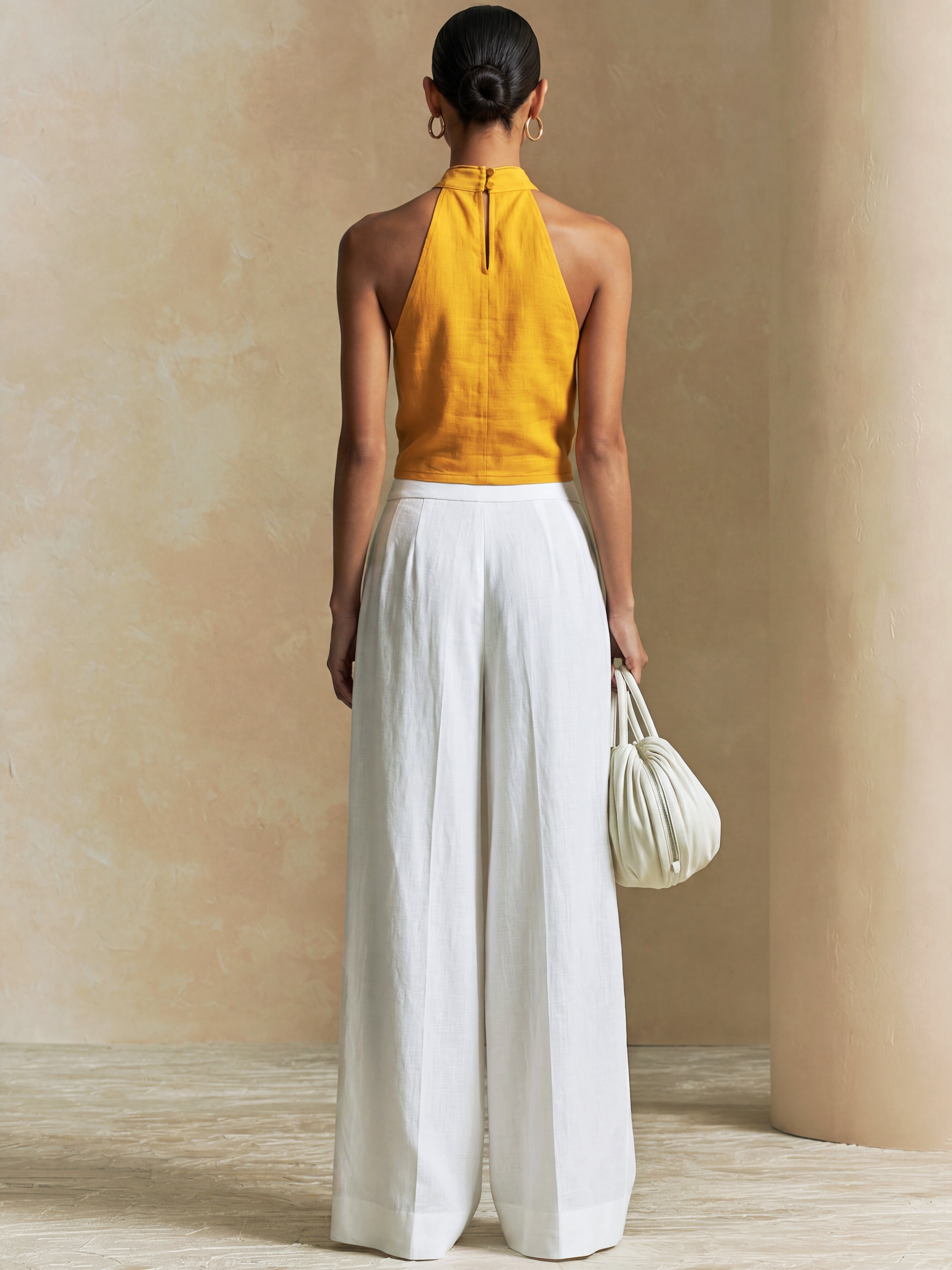 Liserie Linen Marigold High-neck Top & Ivory Wide Leg Pants Set