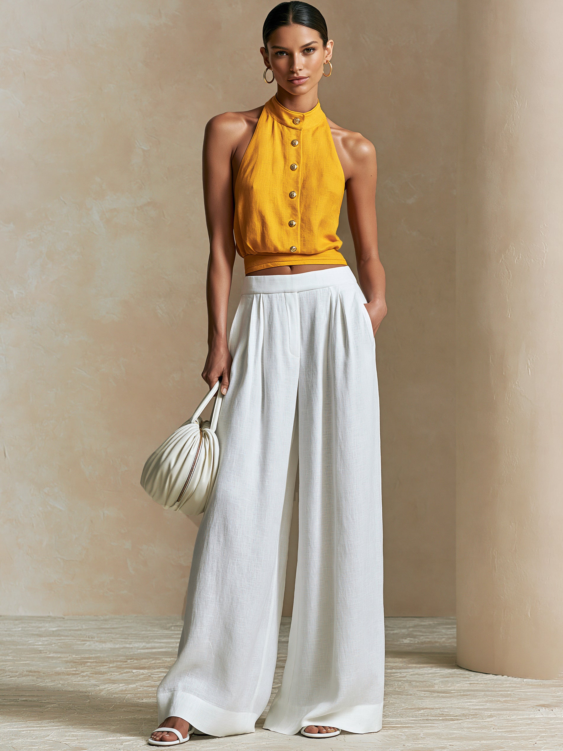 Liserie Linen Marigold High-neck Top & Ivory Wide Leg Pants Set