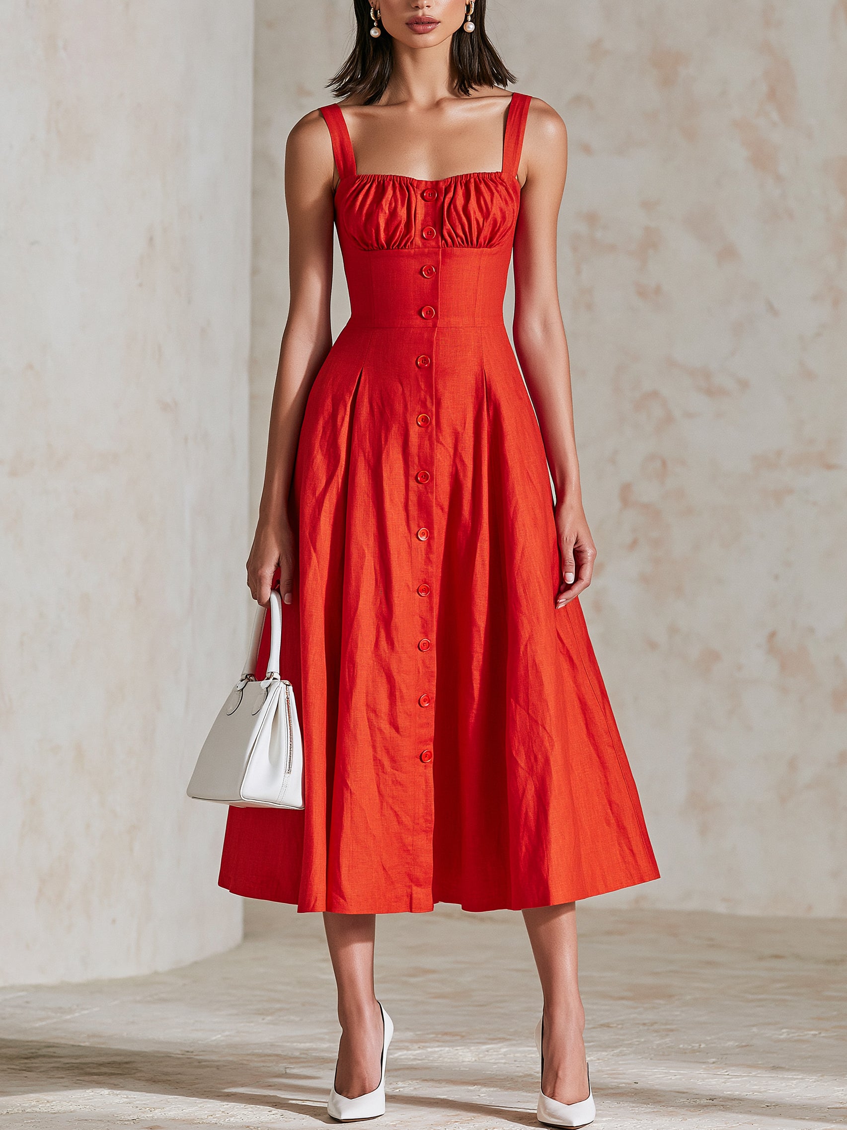 Liserie Vermilion Linen Button Wide Straps Midi Dress