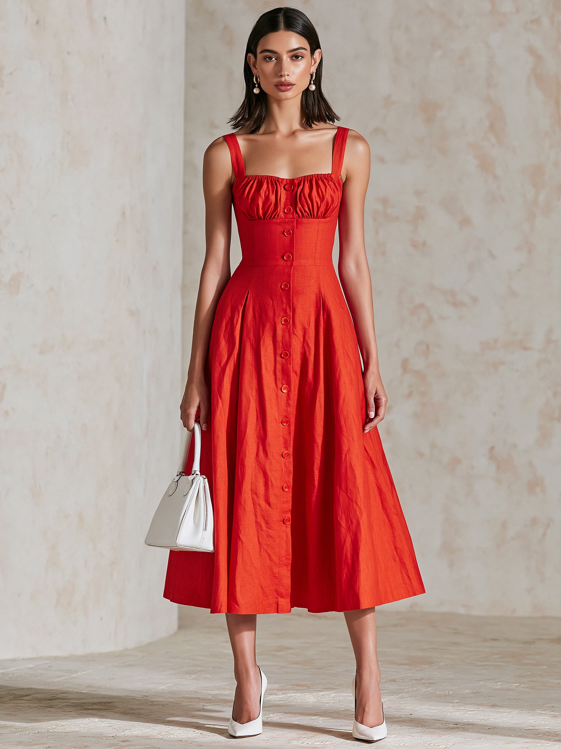 Liserie Vermilion Linen Button Wide Straps Midi Dress