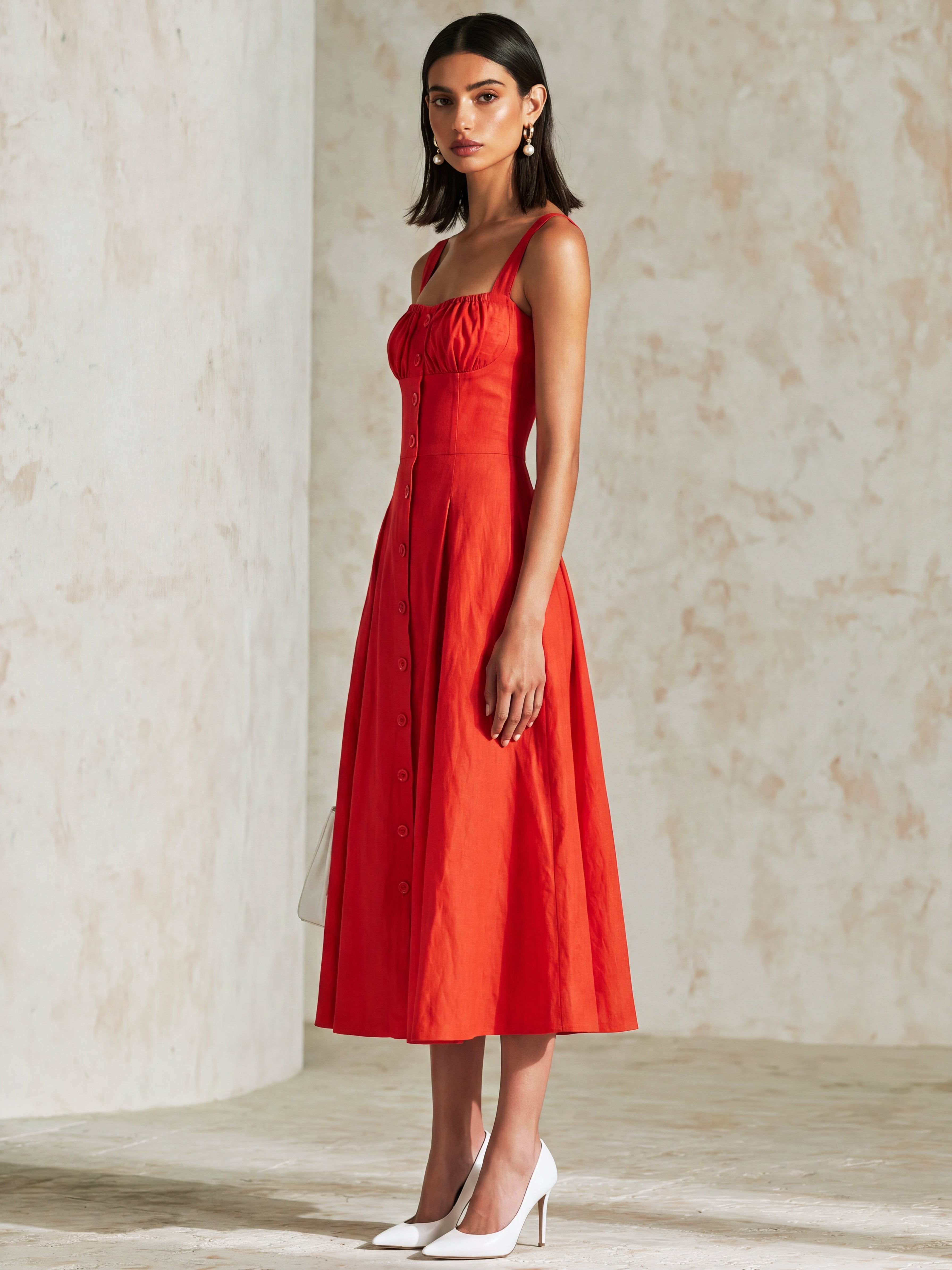 Liserie Vermilion Linen Button Wide Straps Midi Dress
