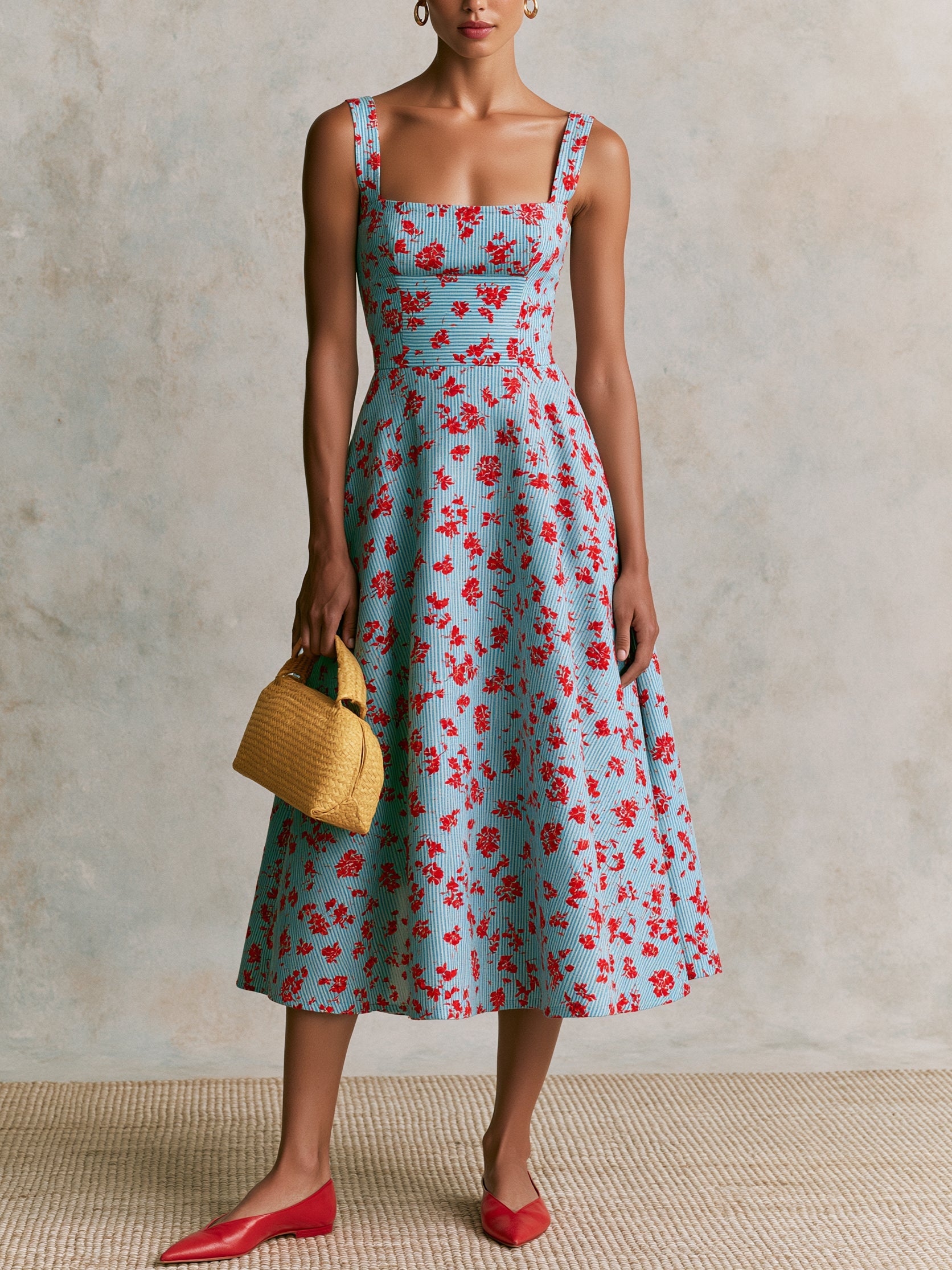 Liserie Sky Blue Square Neck Floral Stripe Midi Dress