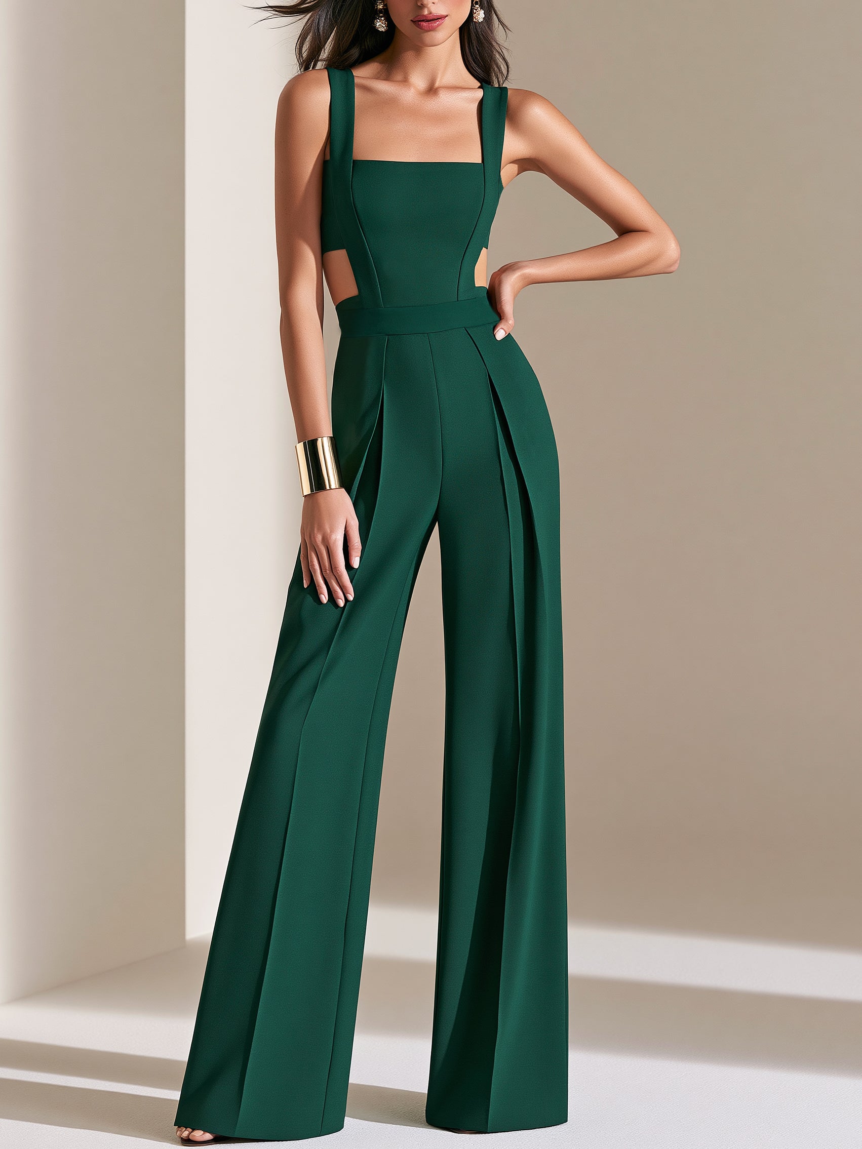 Liserie Tailored Forest Green Side Cutouts Wide Leg Jumpsuit
