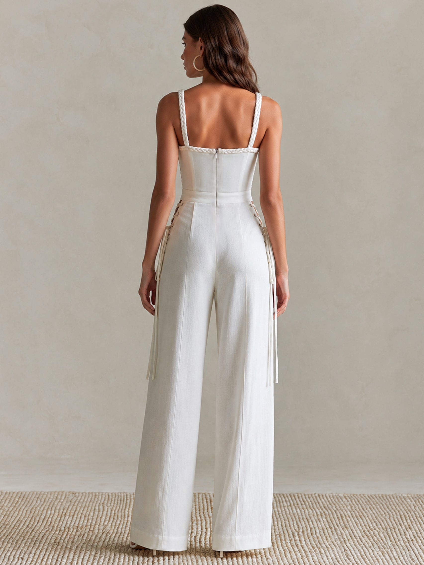 Liserie Ivory Linen Square-Neck Braided Straps Jumpsuit