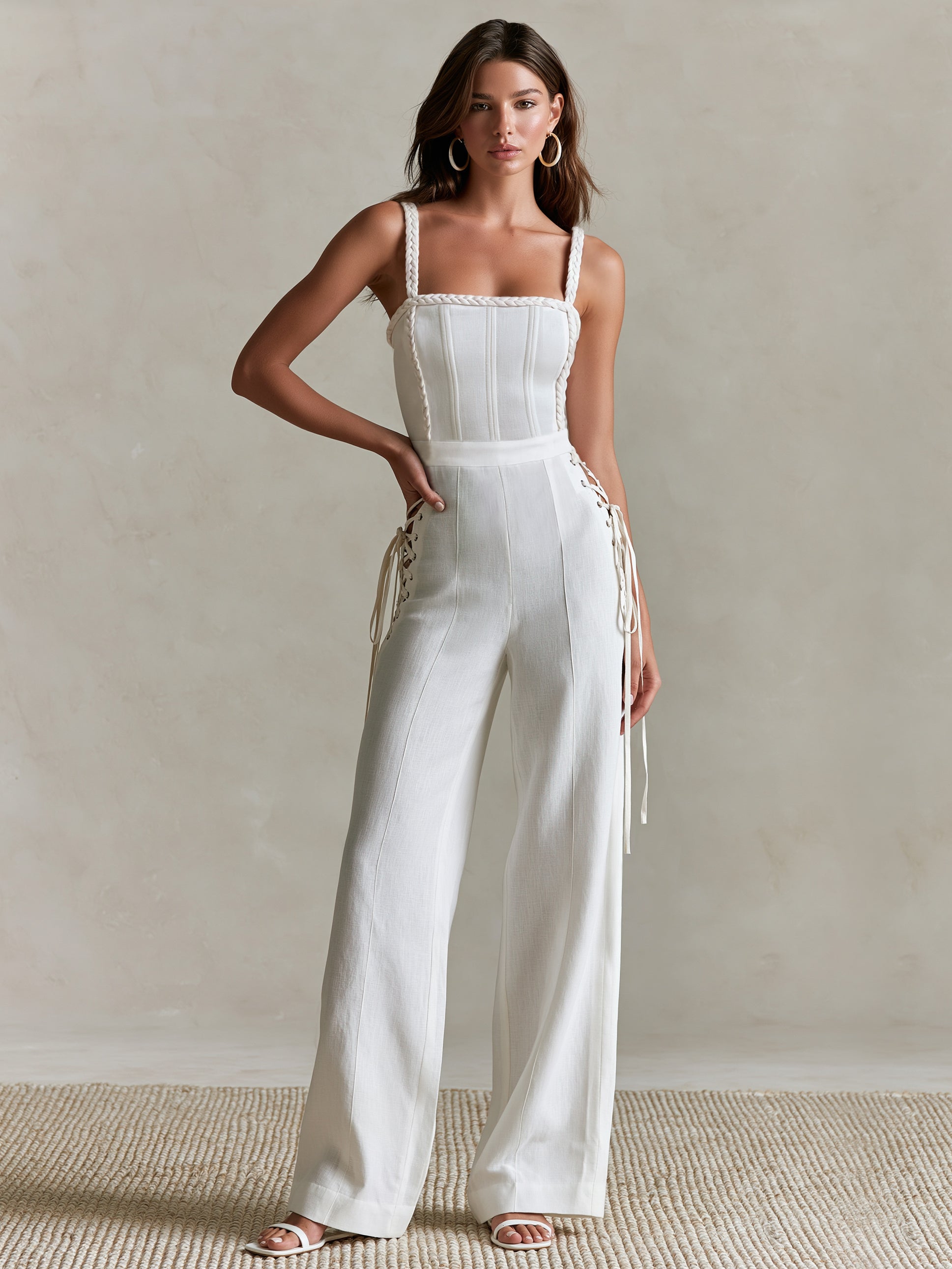 Liserie Ivory Linen Square-Neck Braided Straps Jumpsuit