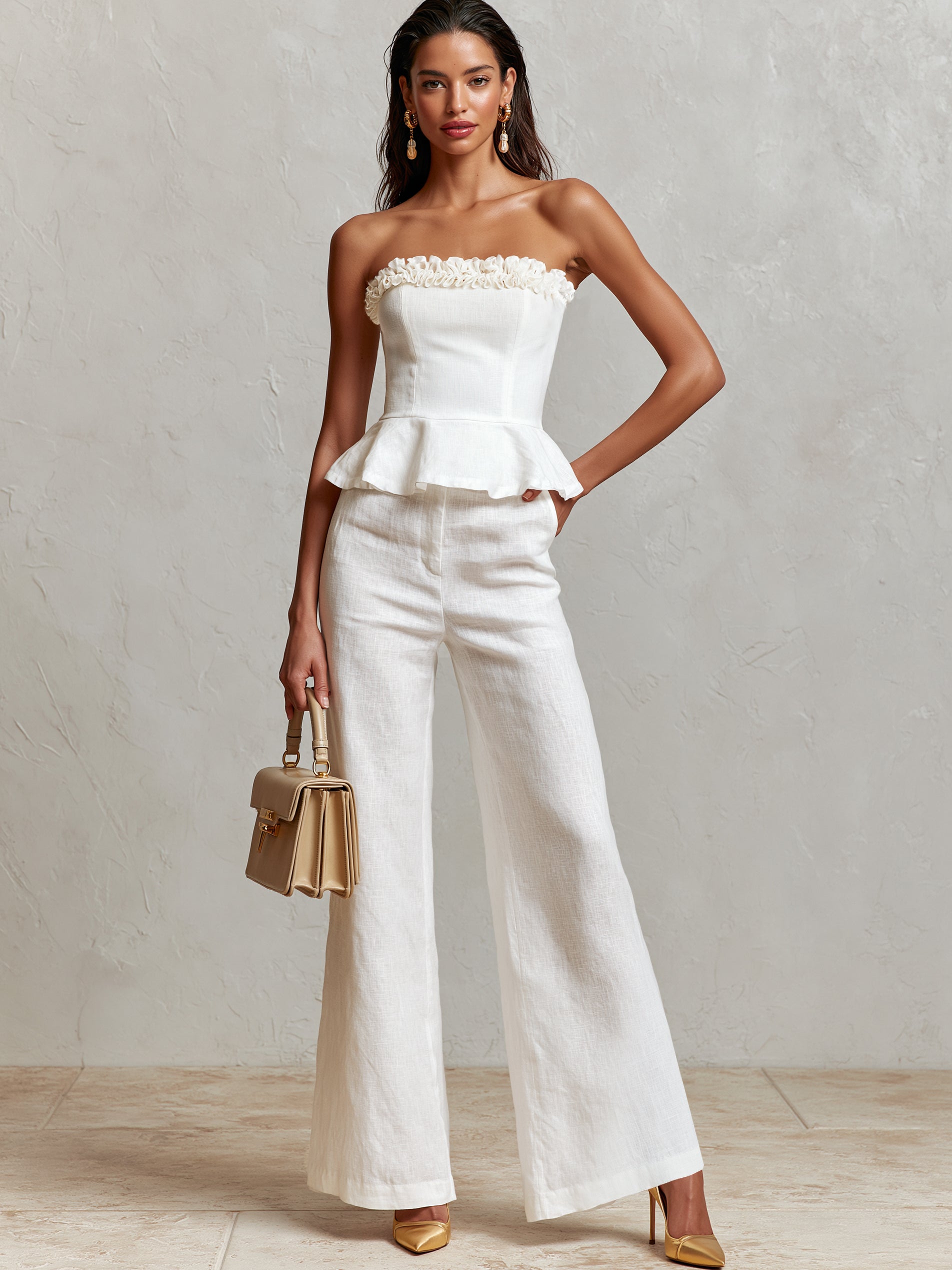 Liserie White Two-Piece Set:Ruffled Strapless Top & Wide Leg Trousers