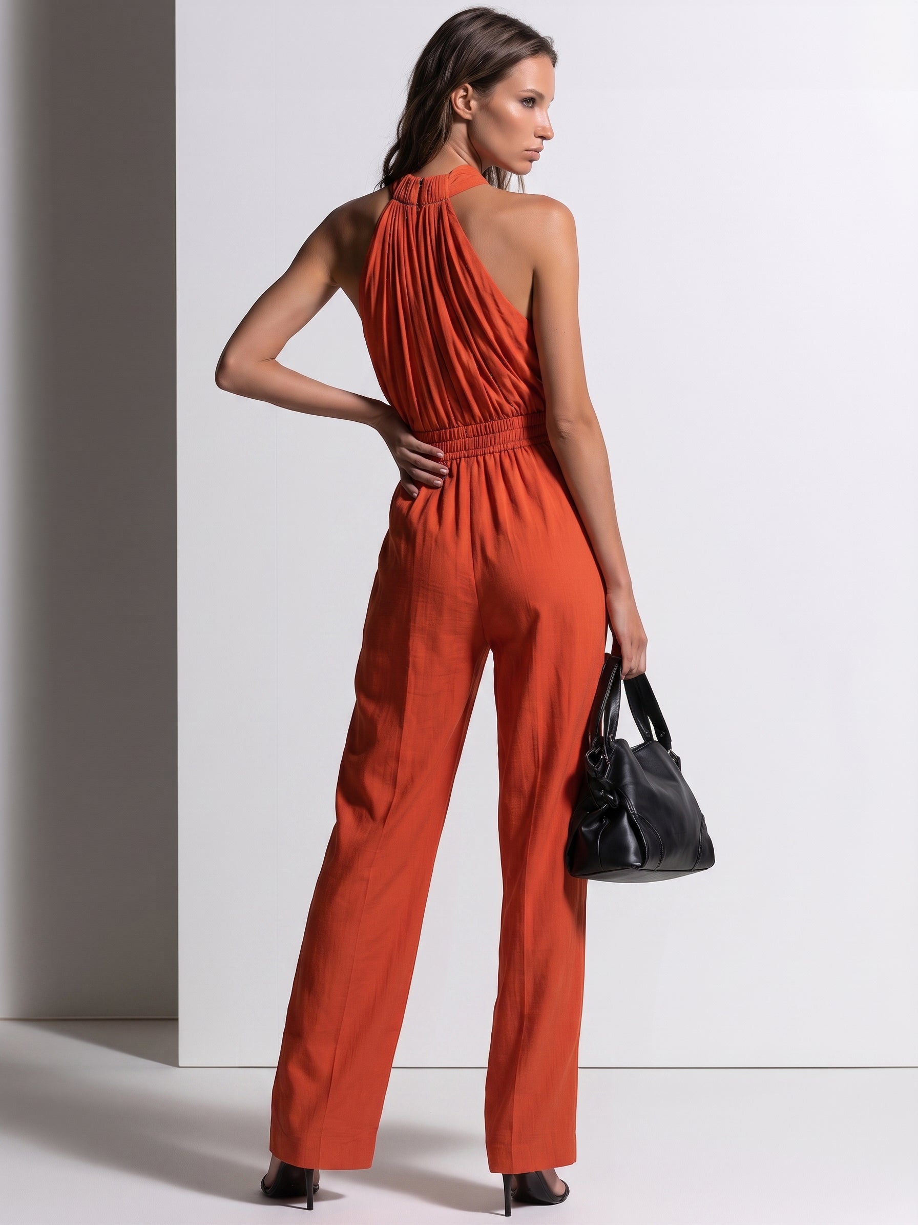 Liserie  Sunset Orange Pleated Halter Wide-Leg Jumpsuit