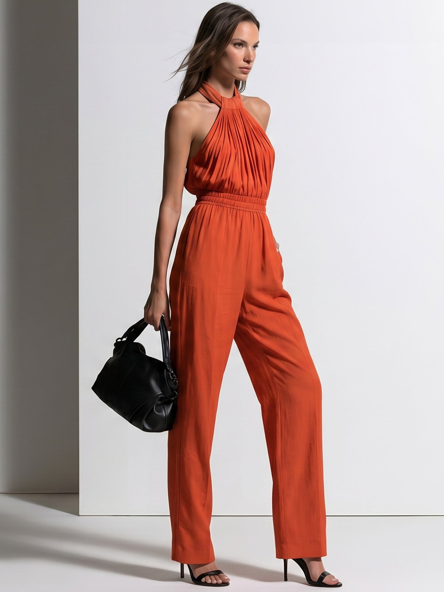 Liserie  Sunset Orange Pleated Halter Wide-Leg Jumpsuit