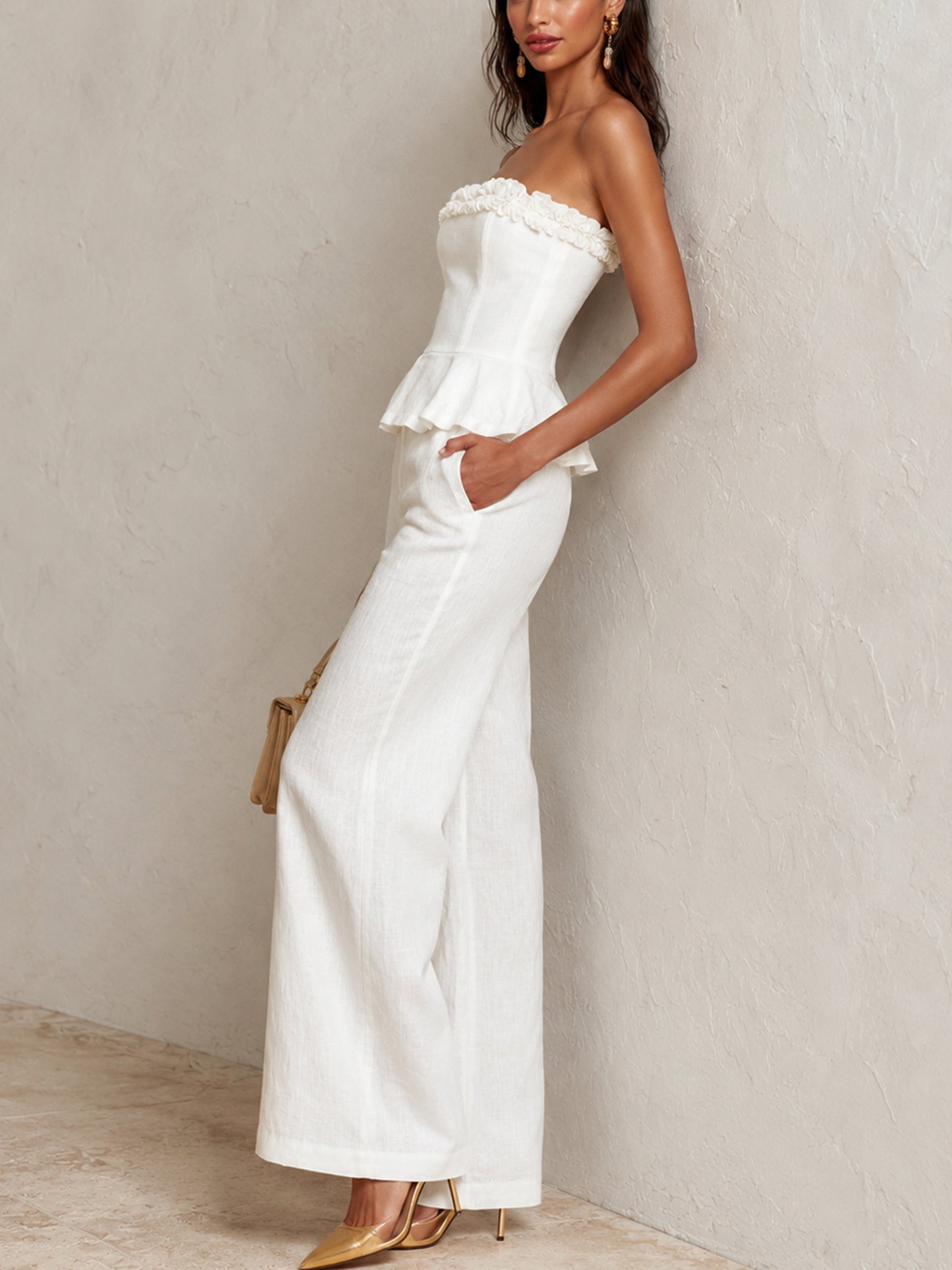 Liserie White Two-Piece Set:Ruffled Strapless Top & Wide Leg Trousers