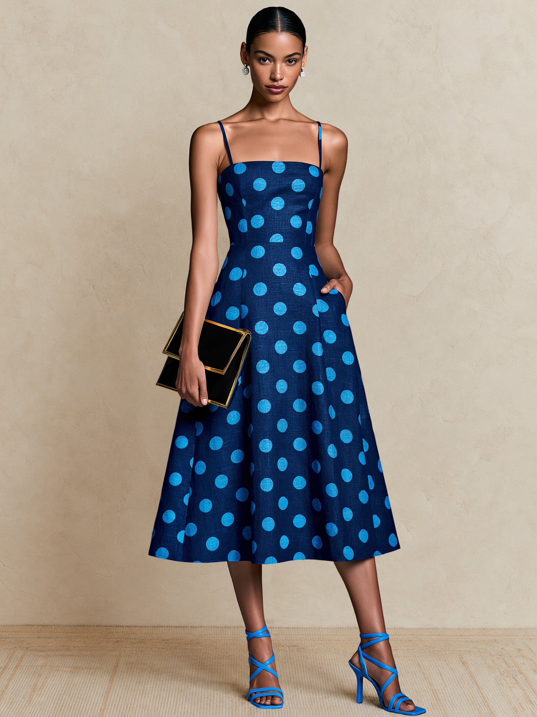 Liserie Elegant Blue Polka Dot Spaghetti Strap Midi Dress