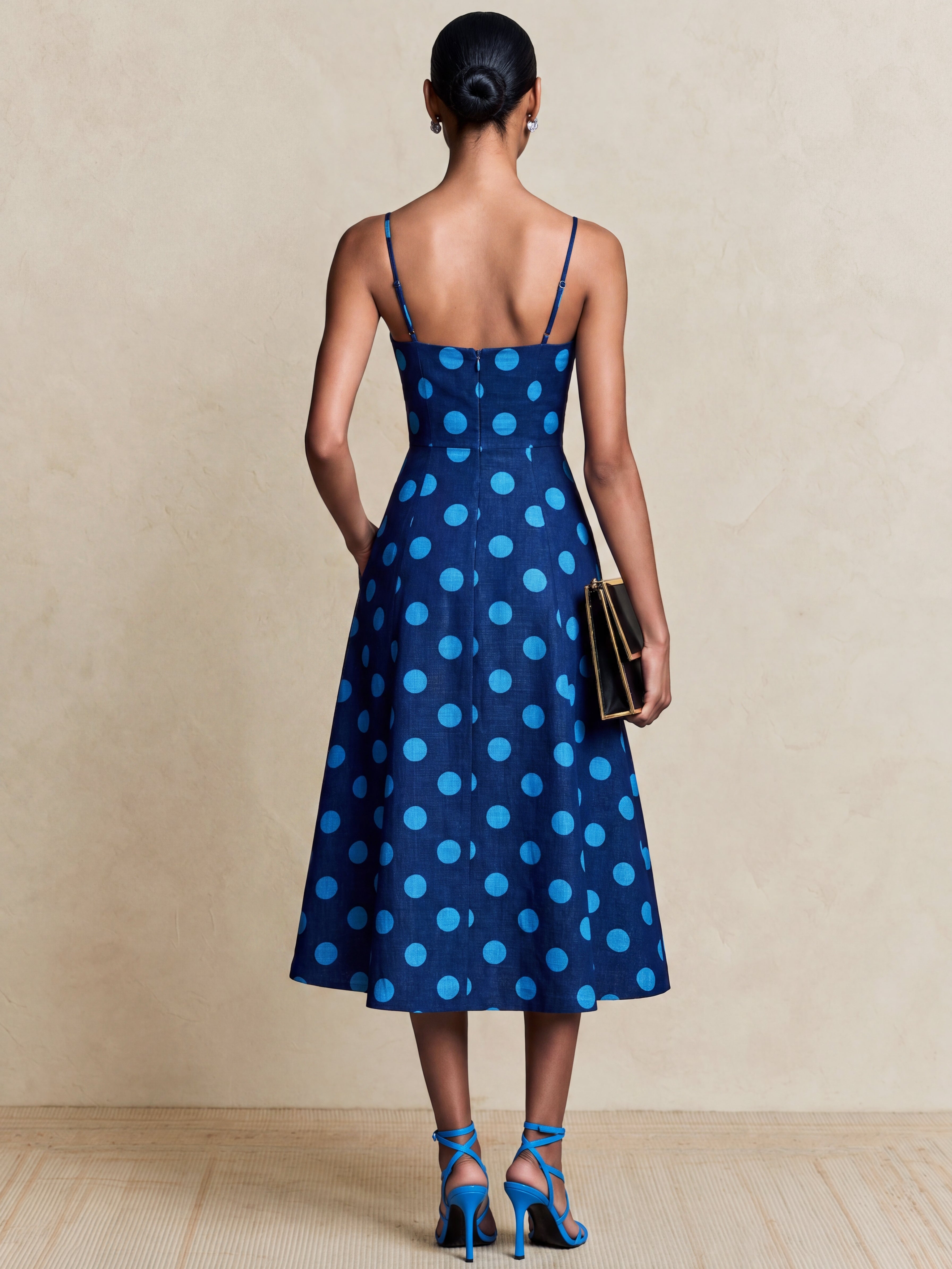 Liserie Elegant Blue Polka Dot Spaghetti Strap Midi Dress