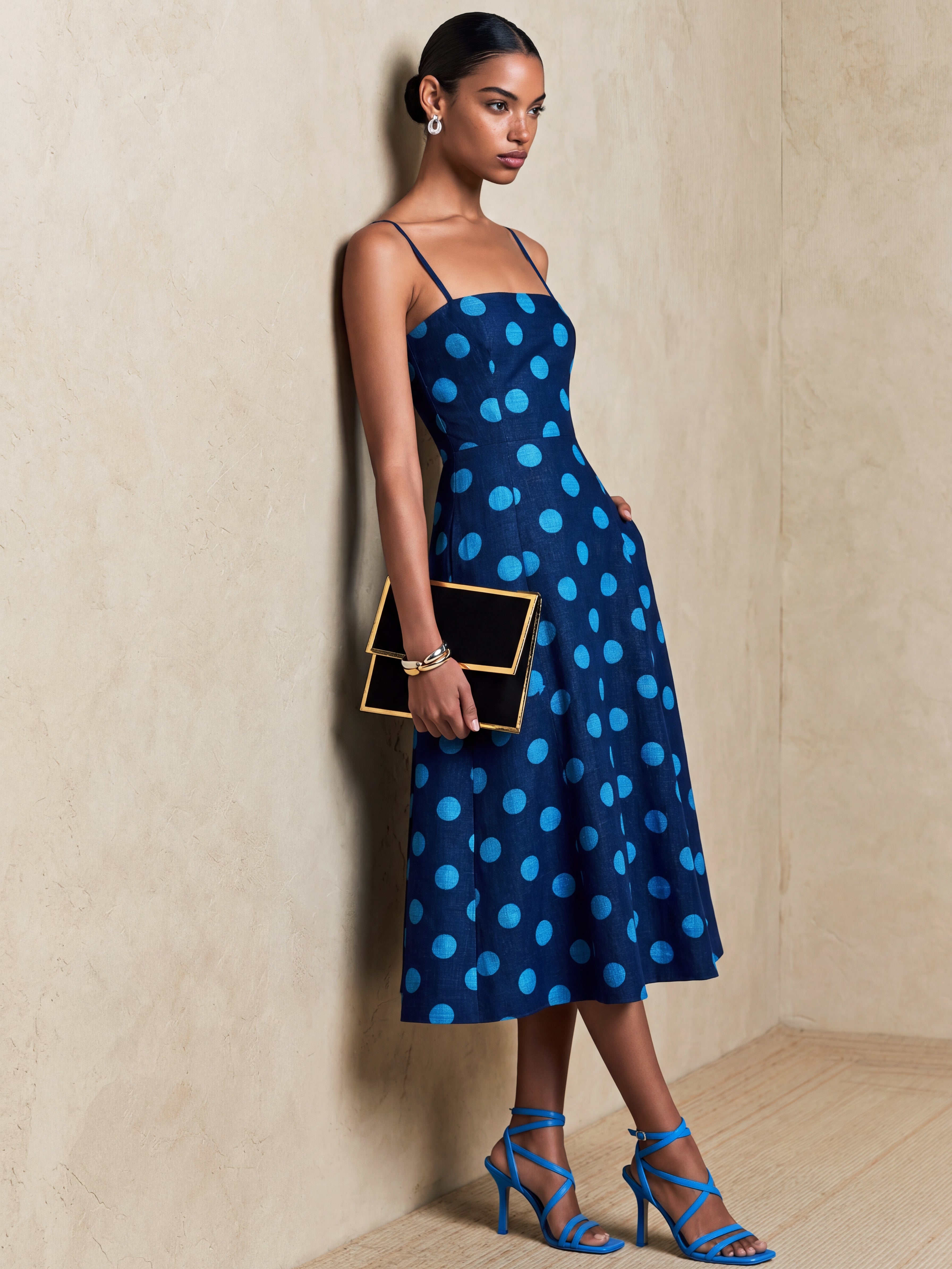 Liserie Elegant Blue Polka Dot Spaghetti Strap Midi Dress