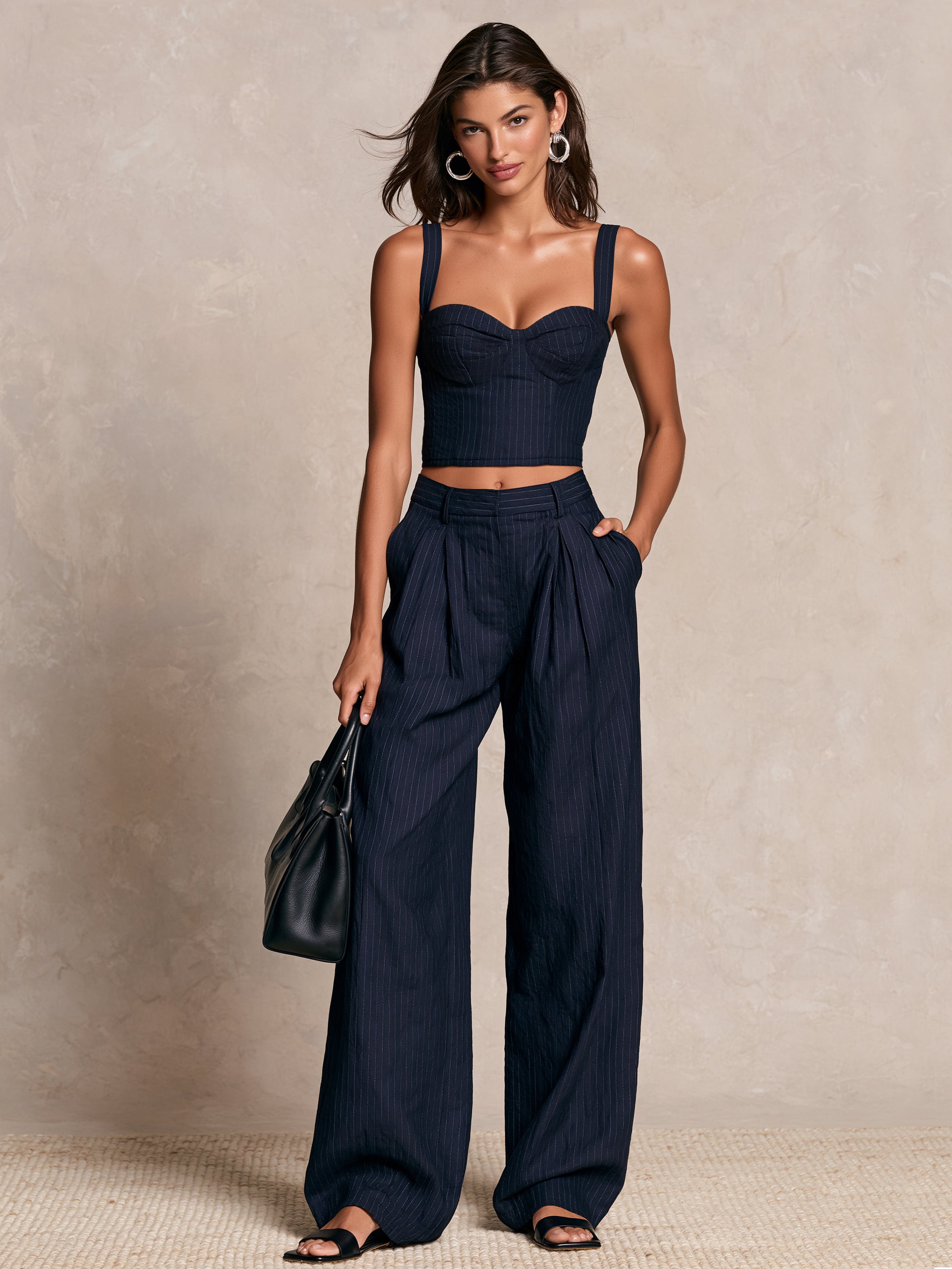 Liserie Pinstripe Sweetheart NeckTop & High-Waisted Wide Leg Trousers Set