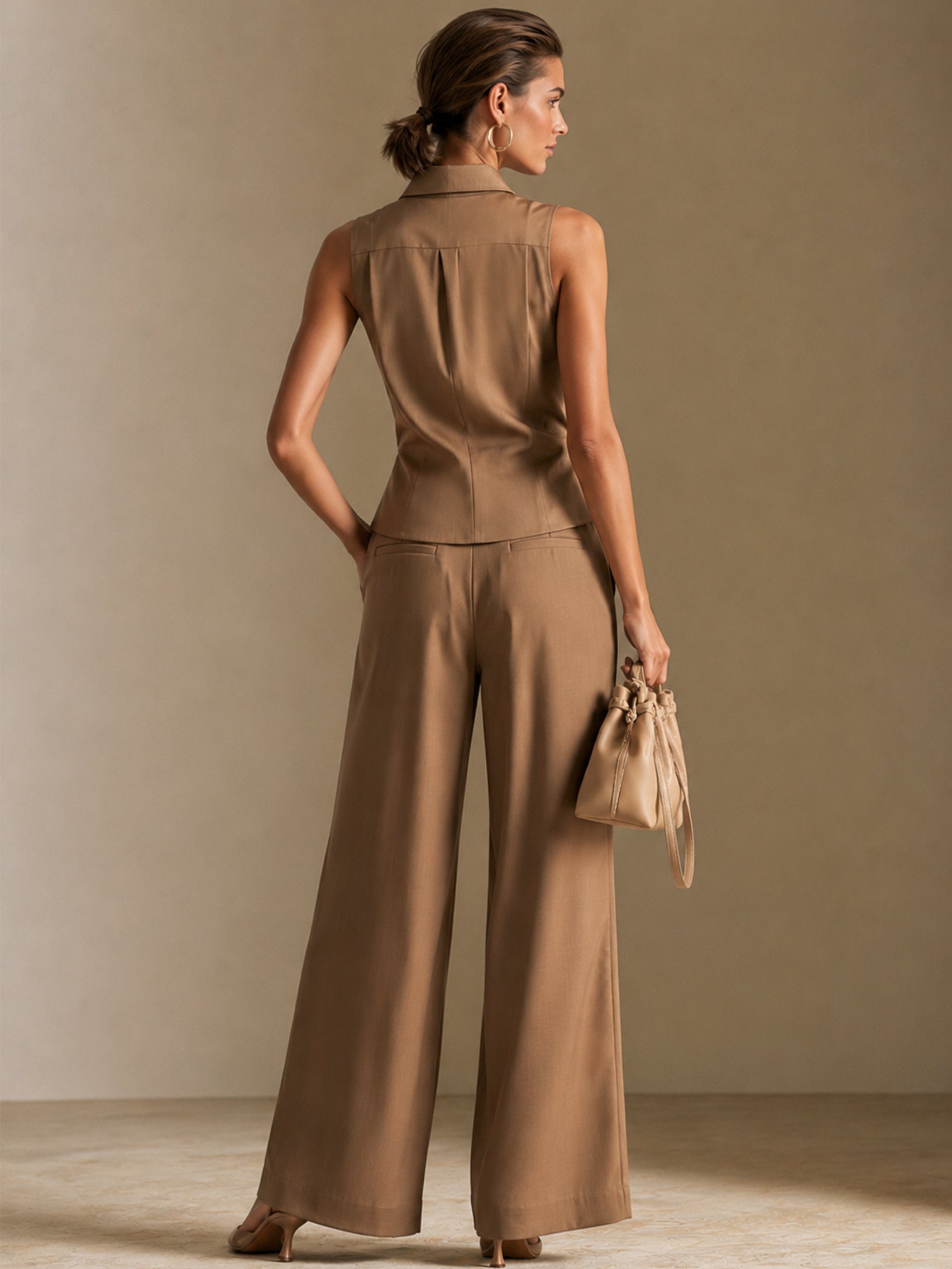 Liserie Tailored Sleeveless Shirt & High-Waisted Drawstring Wide Leg Pants Set