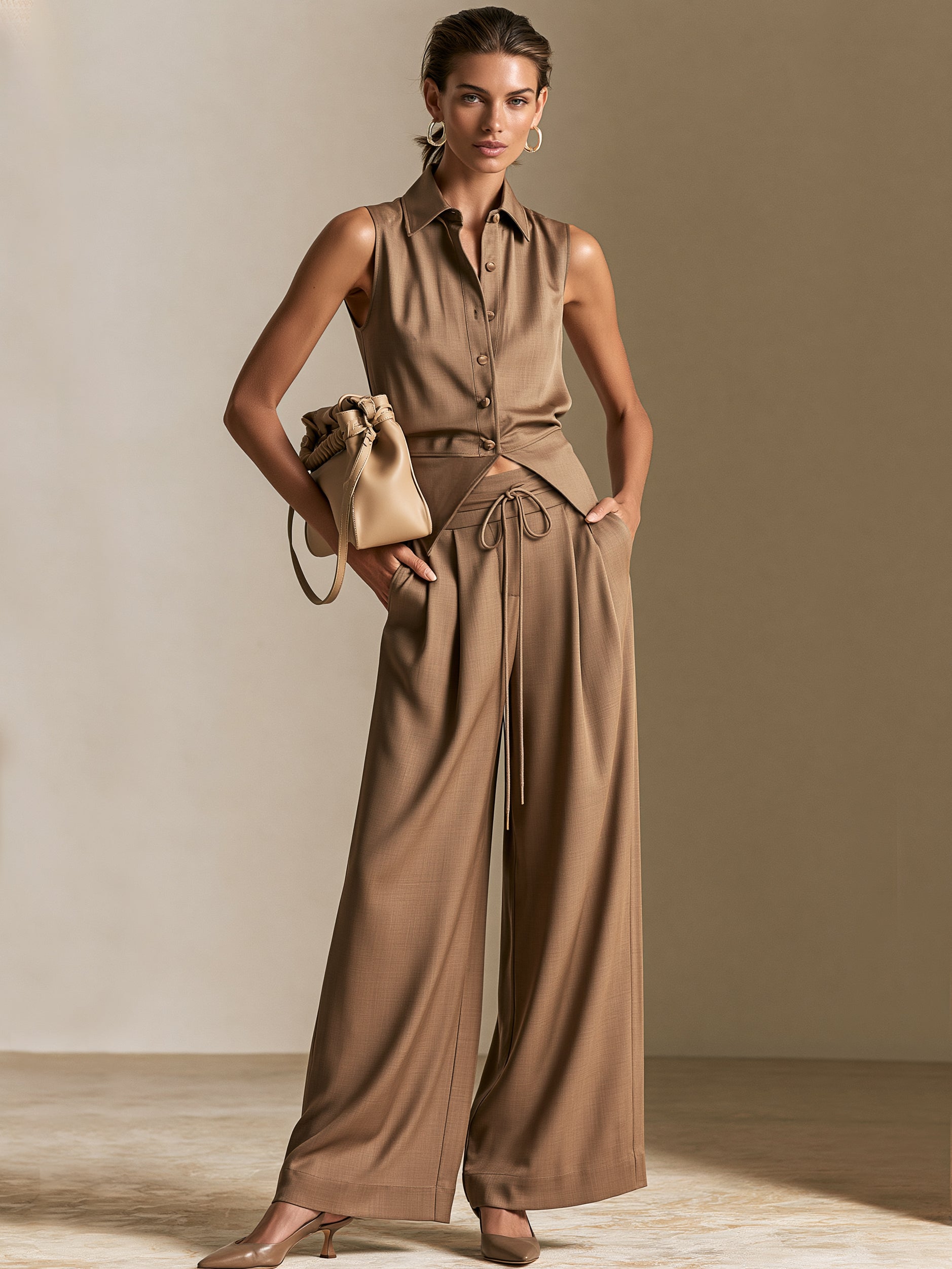 Liserie Tailored Sleeveless Shirt & High-Waisted Drawstring Wide Leg Pants Set