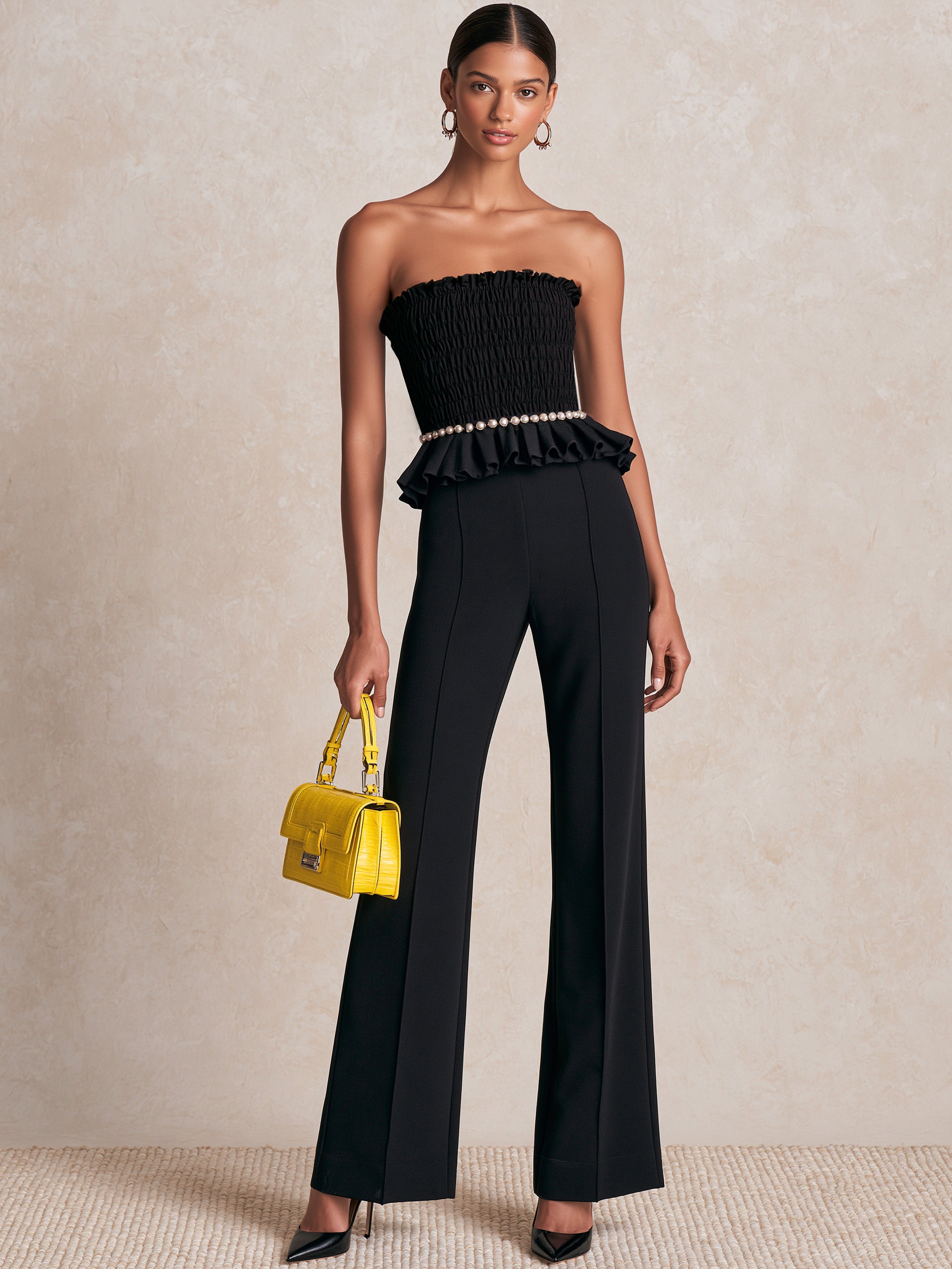 Liserie Stretchy Smocked Ruffled Top&High-Waisted Flare Pants Formal Set