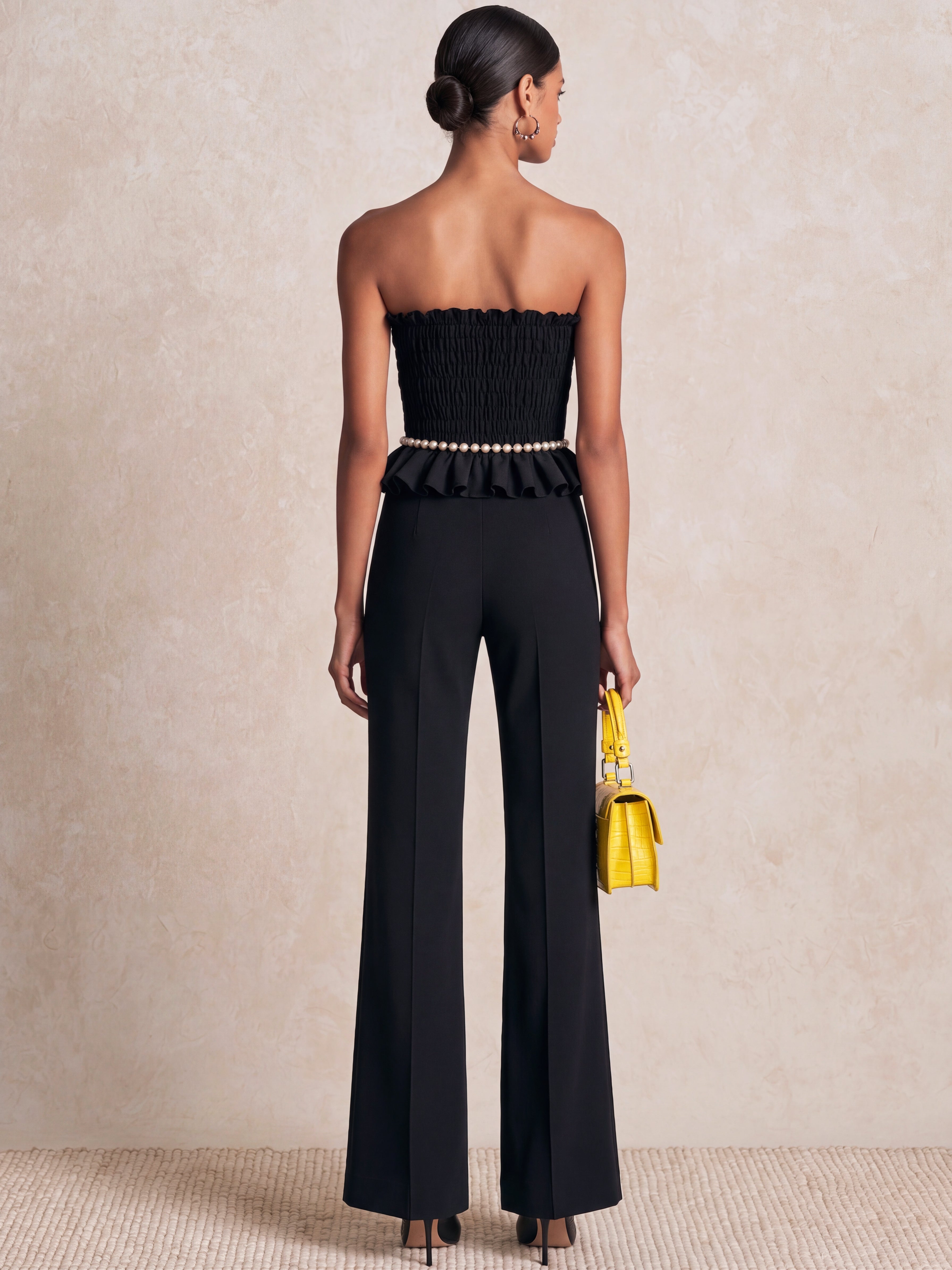 Liserie Stretchy Smocked Ruffled Top&High-Waisted Flare Pants Formal Set