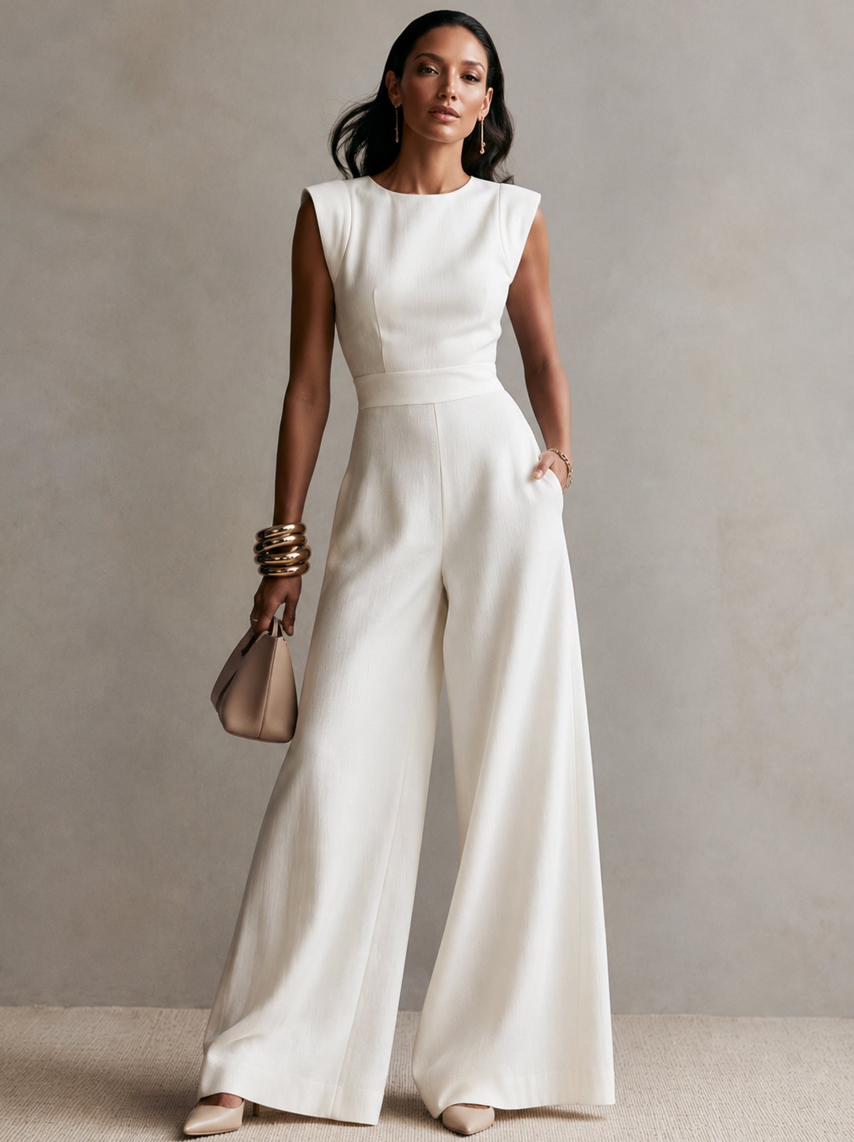 Liserie Linen White Sleeveless Jumpsuit