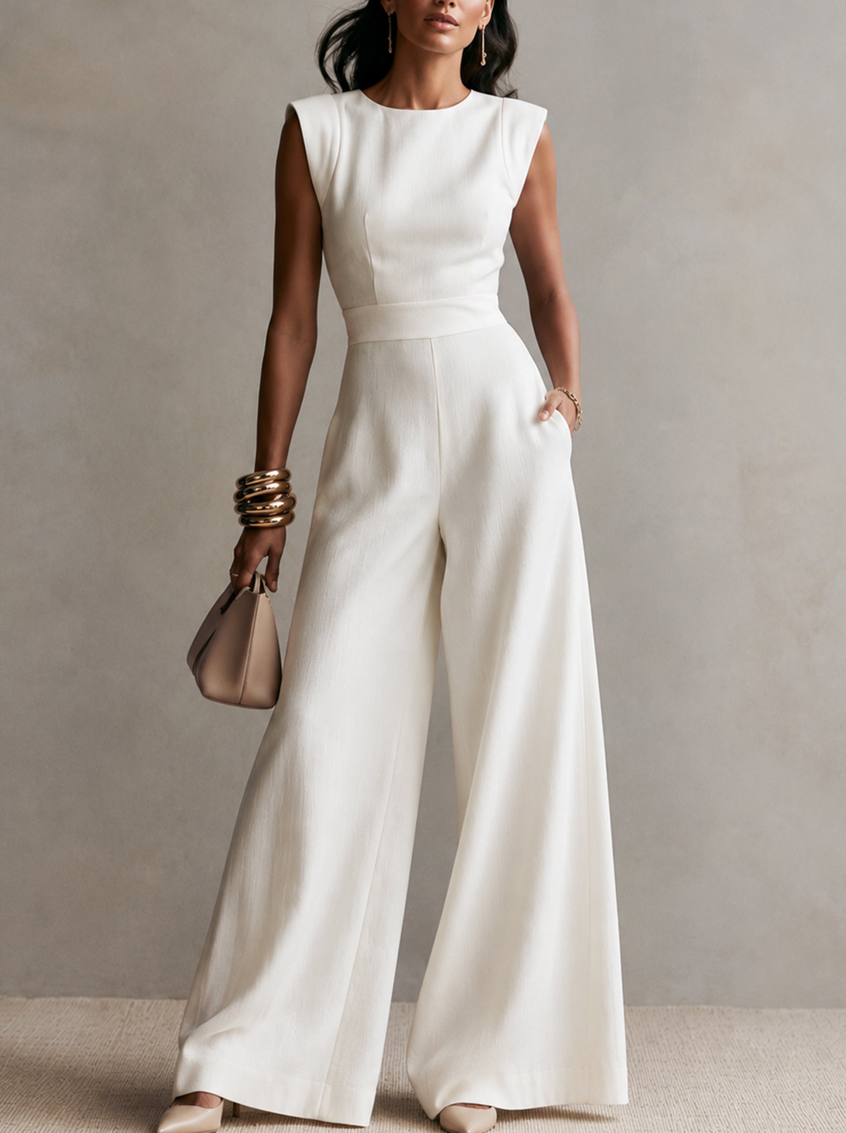 Liserie Linen White Sleeveless Jumpsuit