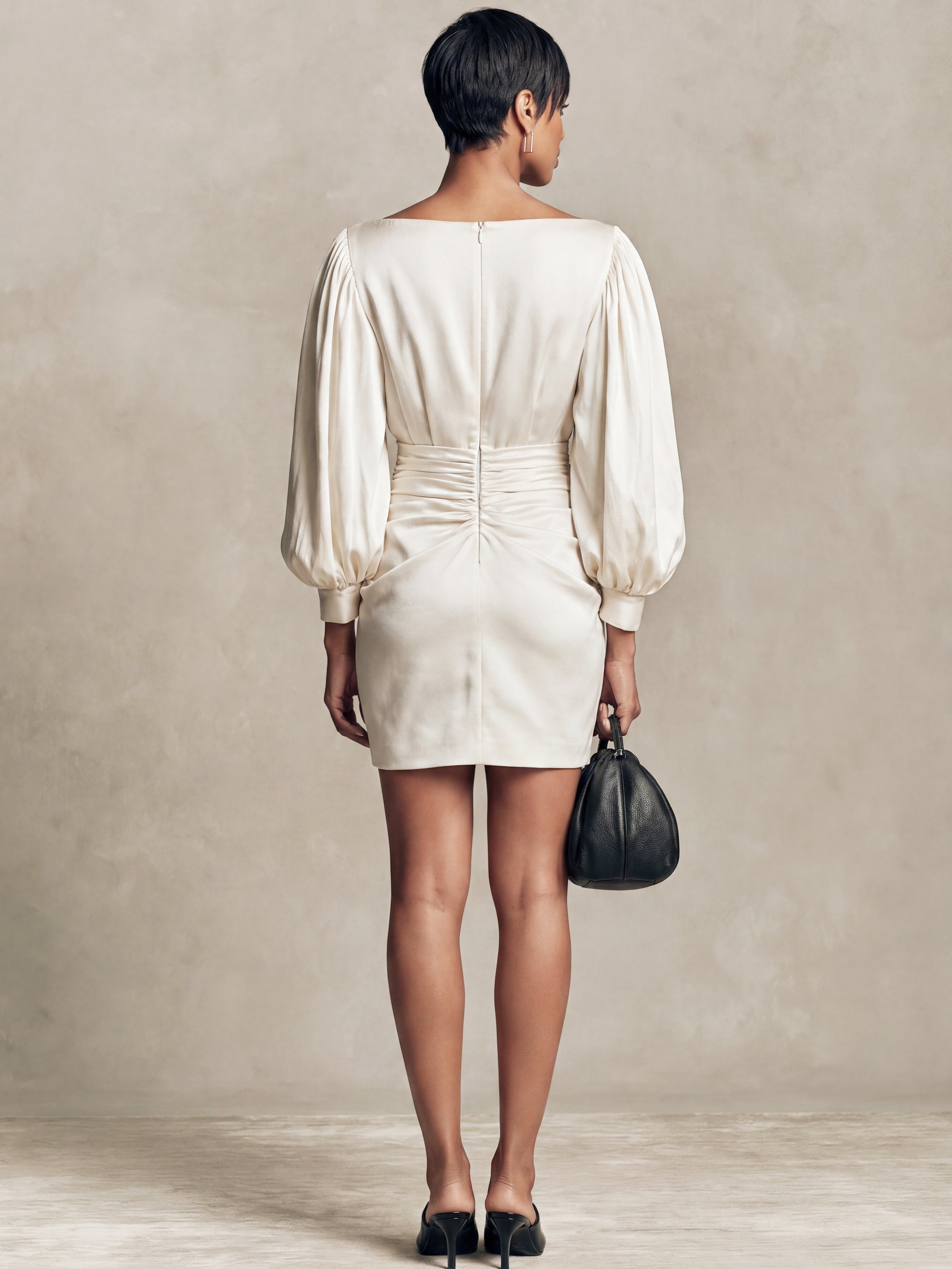Liserie White Satin Balloon Long Sleeve Mini Dress