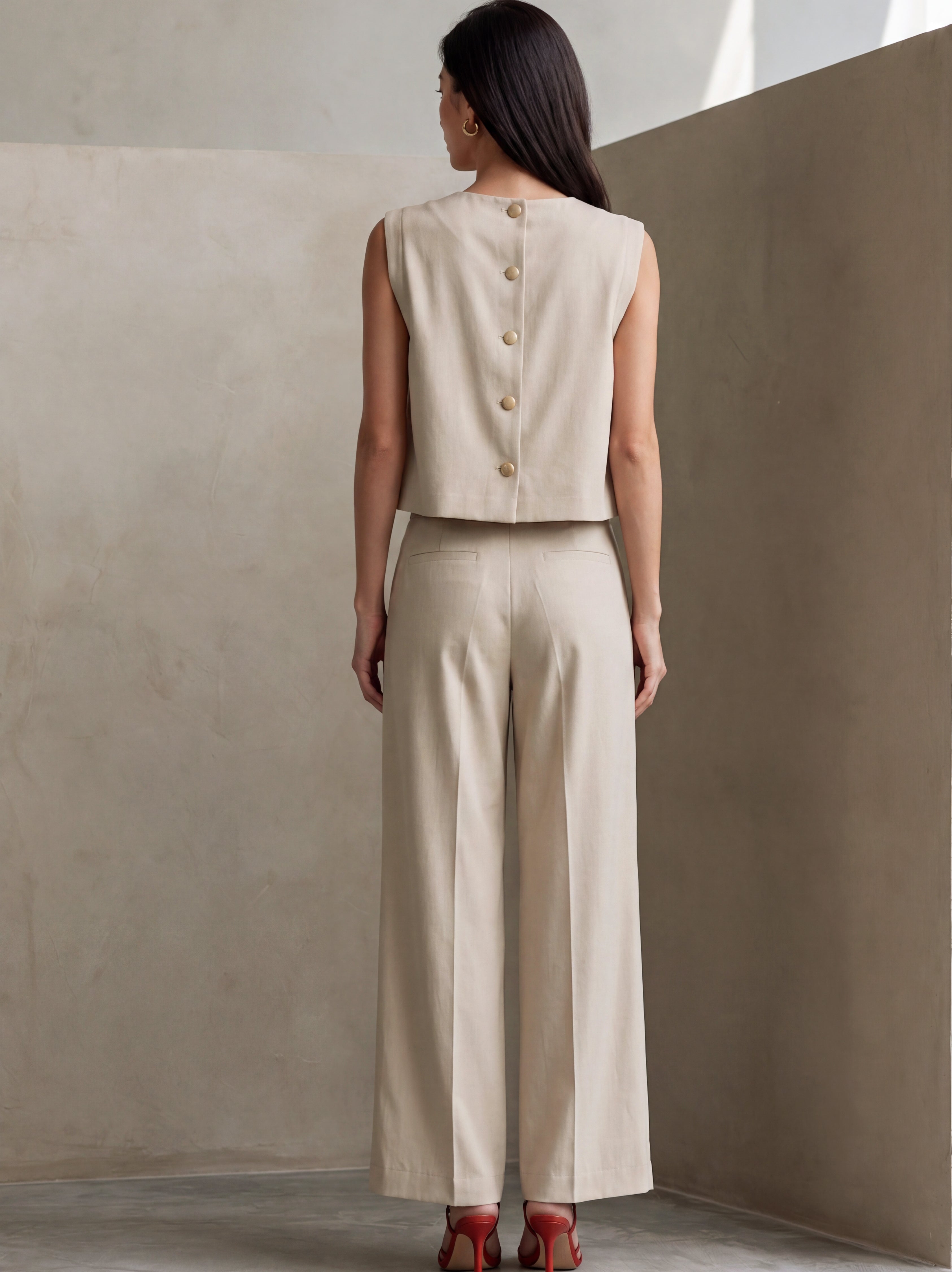 Liserie Beige Linen Vest & Wide Leg Pants Set