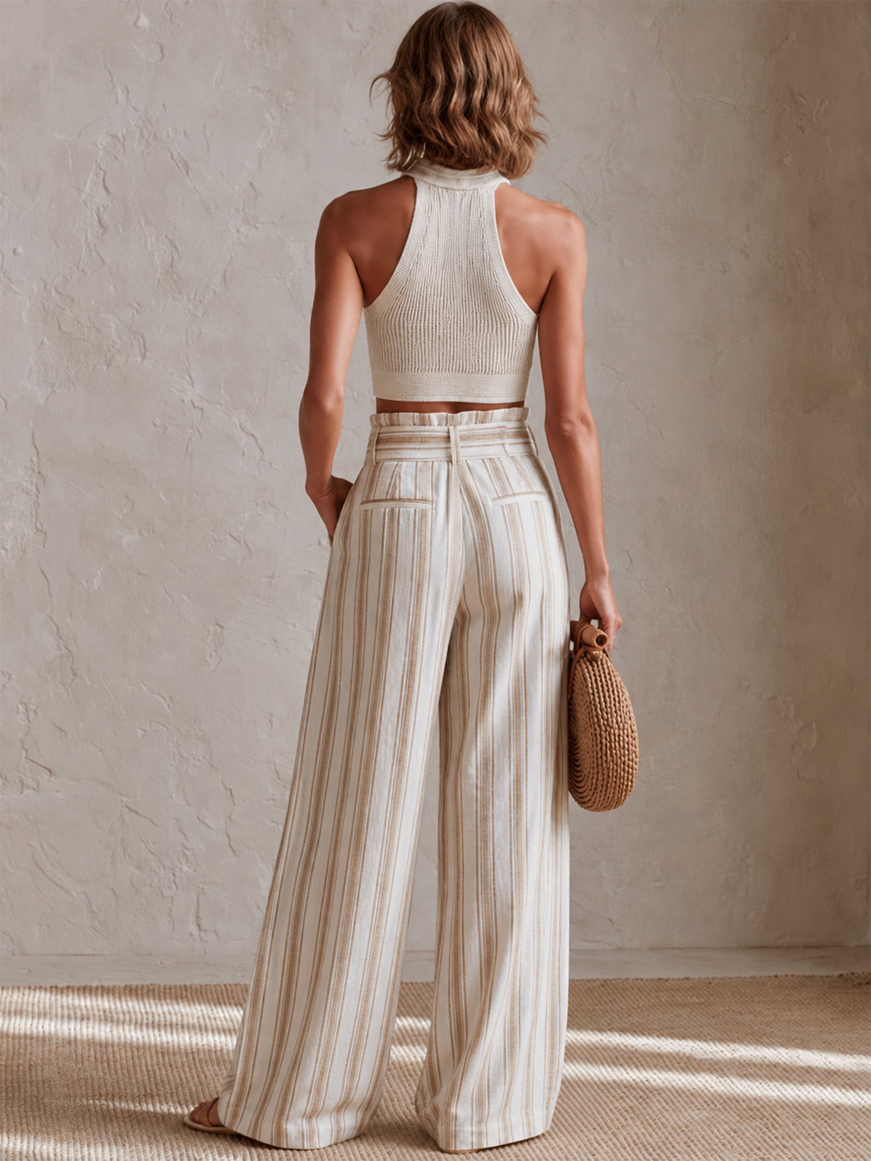 Liserie Elegant Knit Top & Linen Striped Pants Set