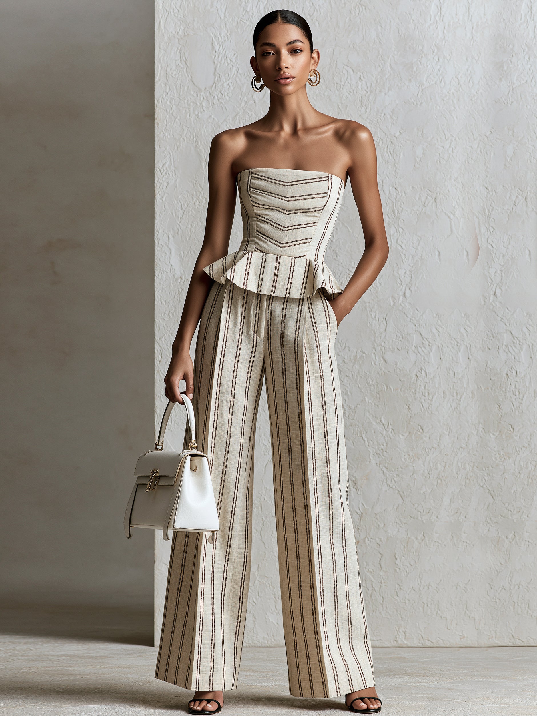 Liserie Beige Striped Corset Top & Trousers Set