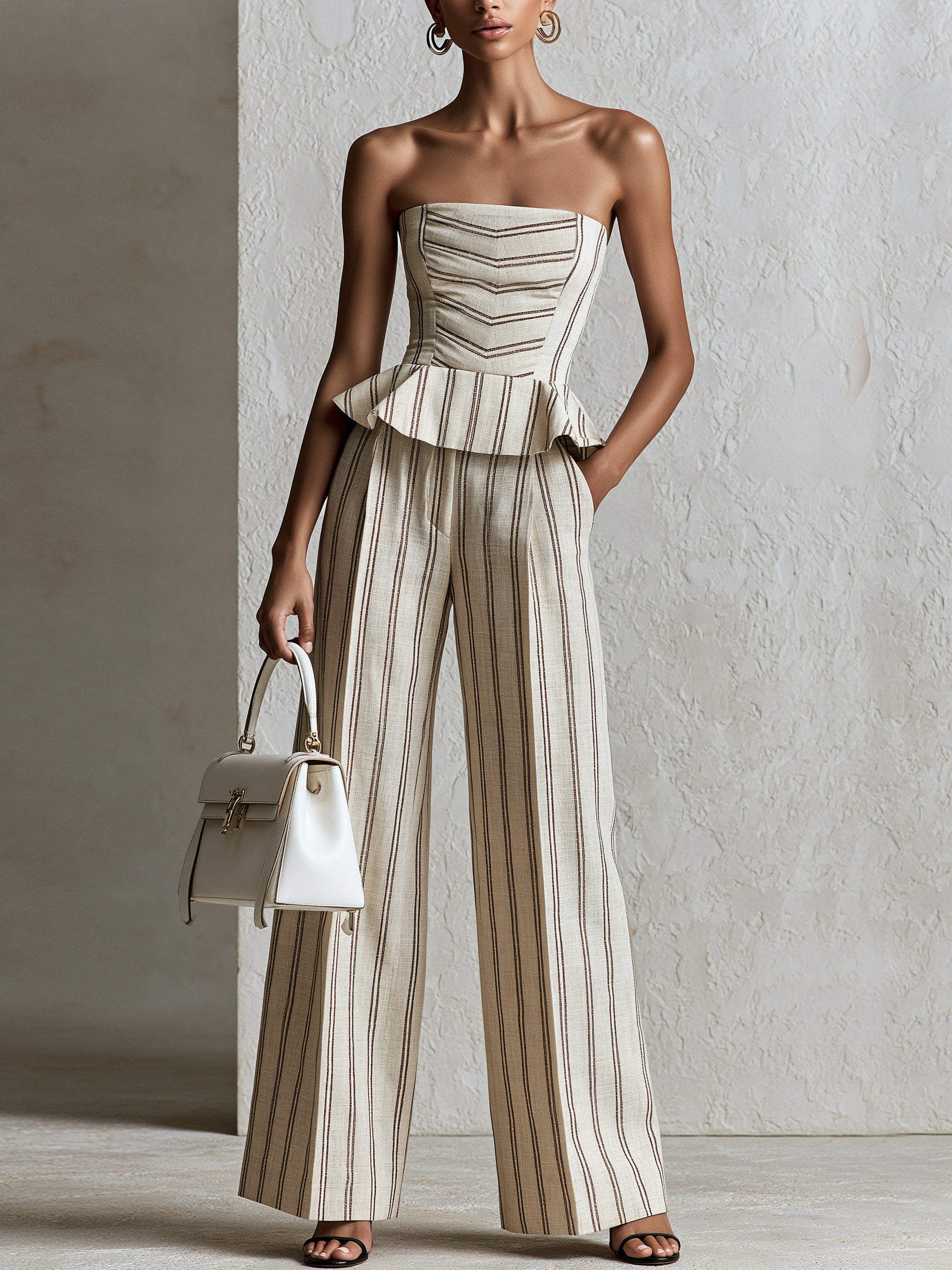 Liserie Beige Striped Corset Top & Trousers Set