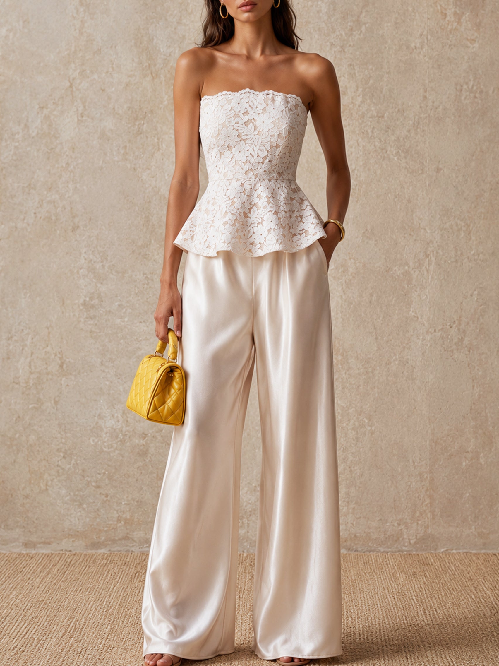 Liserie White Lace Top & Satin Pants Set