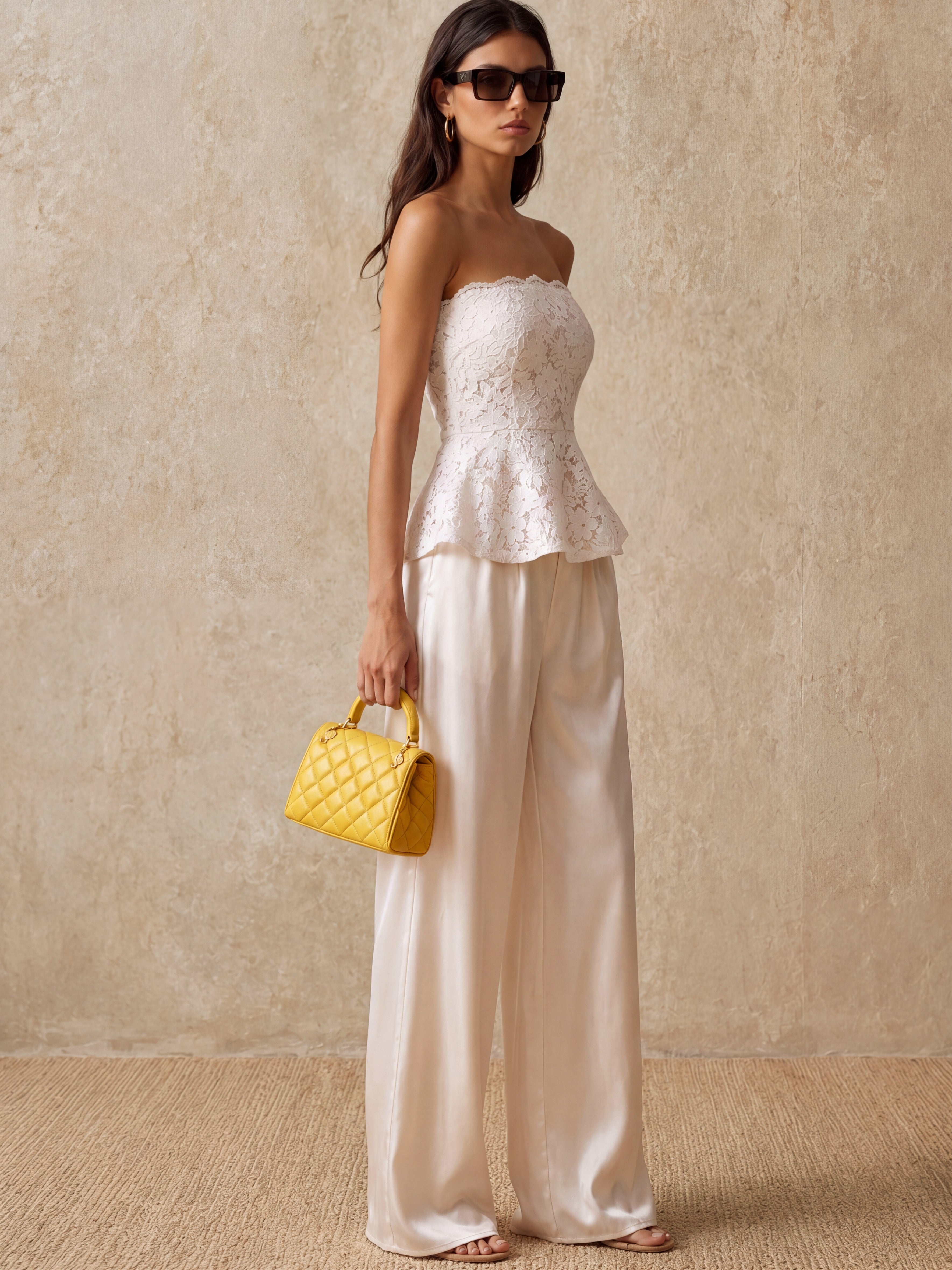 Liserie White Lace Top & Satin Pants Set