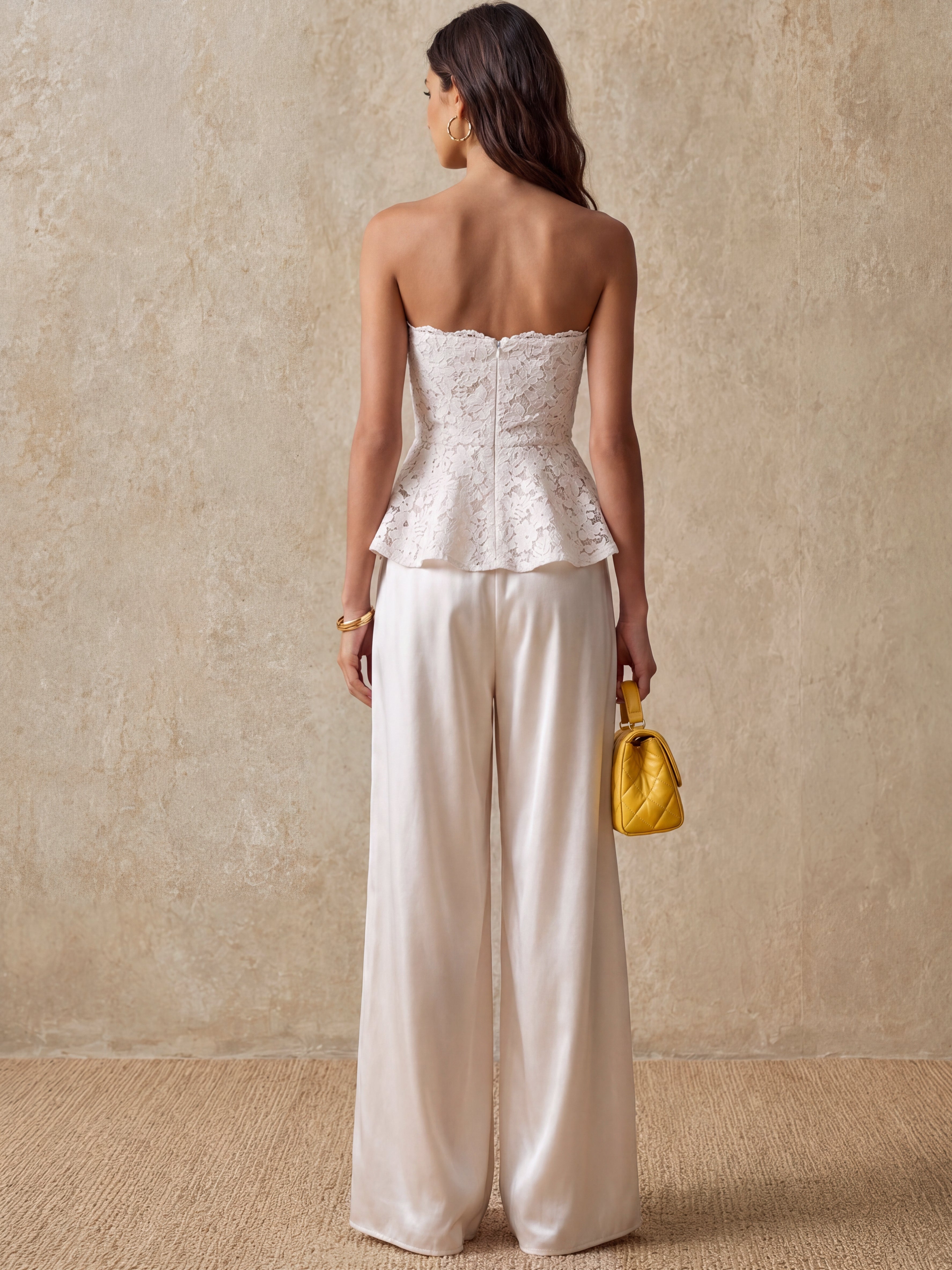 Liserie White Lace Top & Satin Pants Set