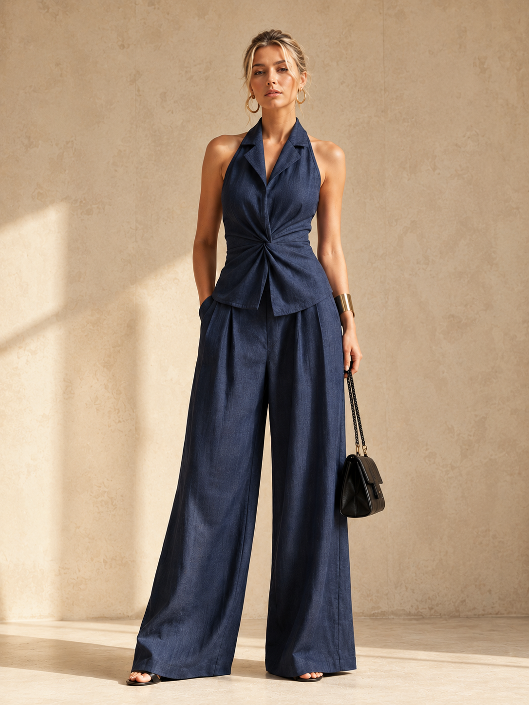 Liserie Midnight Sculpted Twist Waist Drape Halter Set