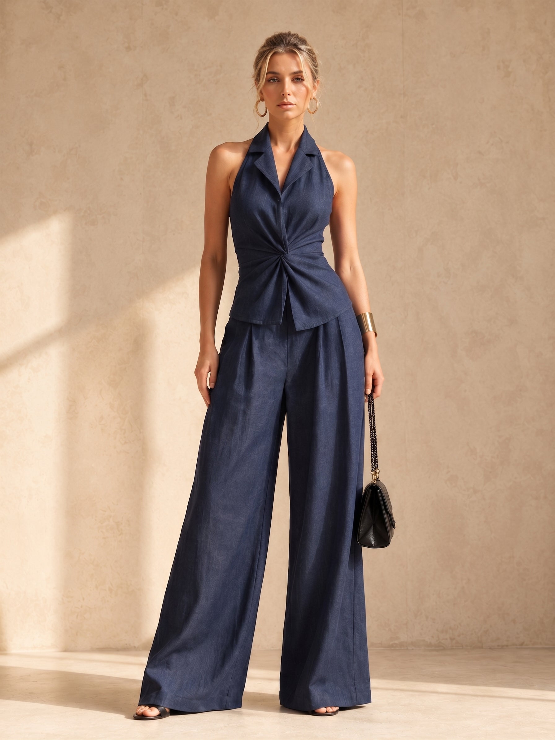 Liserie Midnight Sculpted Twist Waist Drape Halter Set