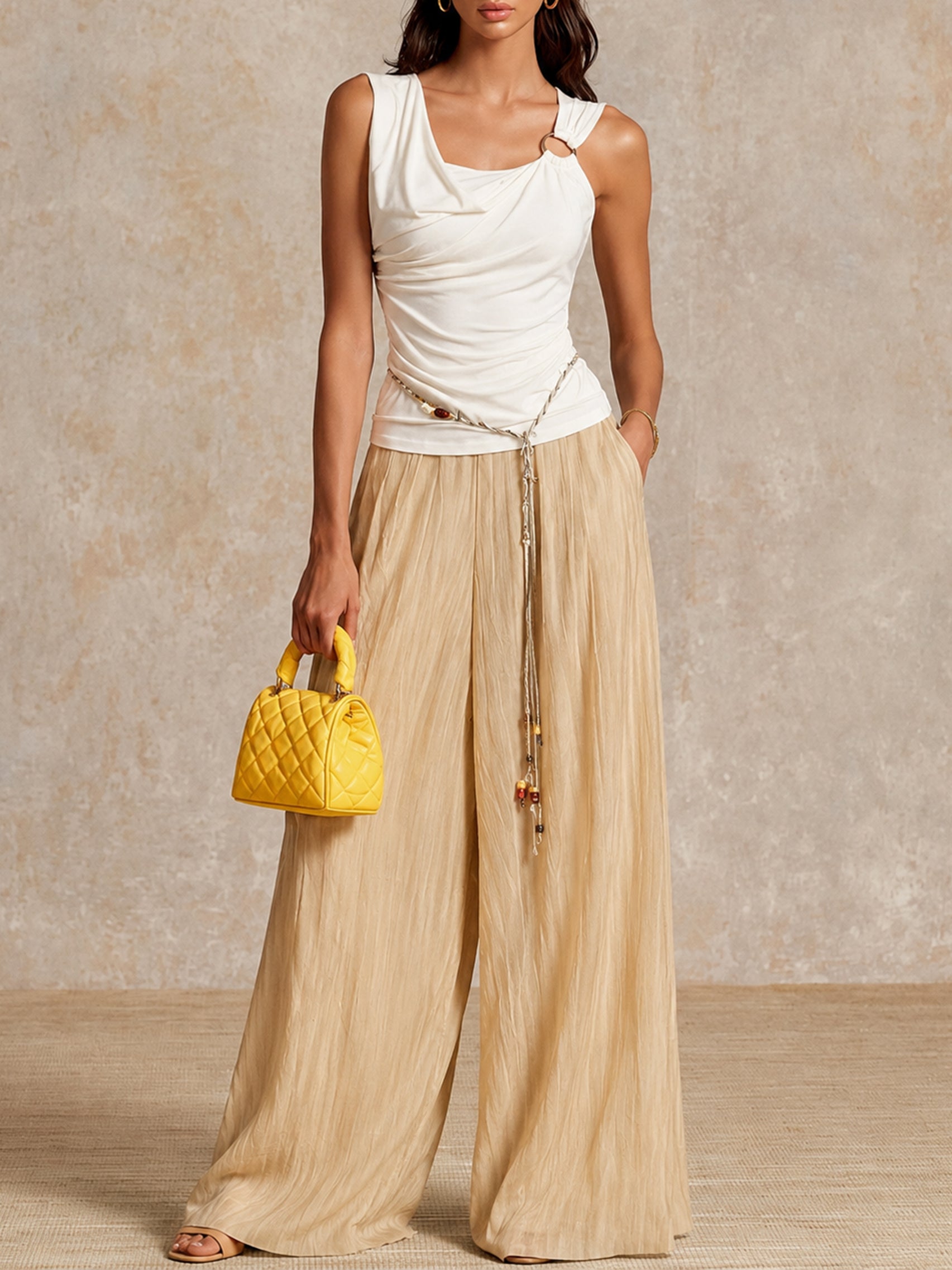 Liserie Sleeveless Top & High-Waisted  Wide Leg Trousers Set